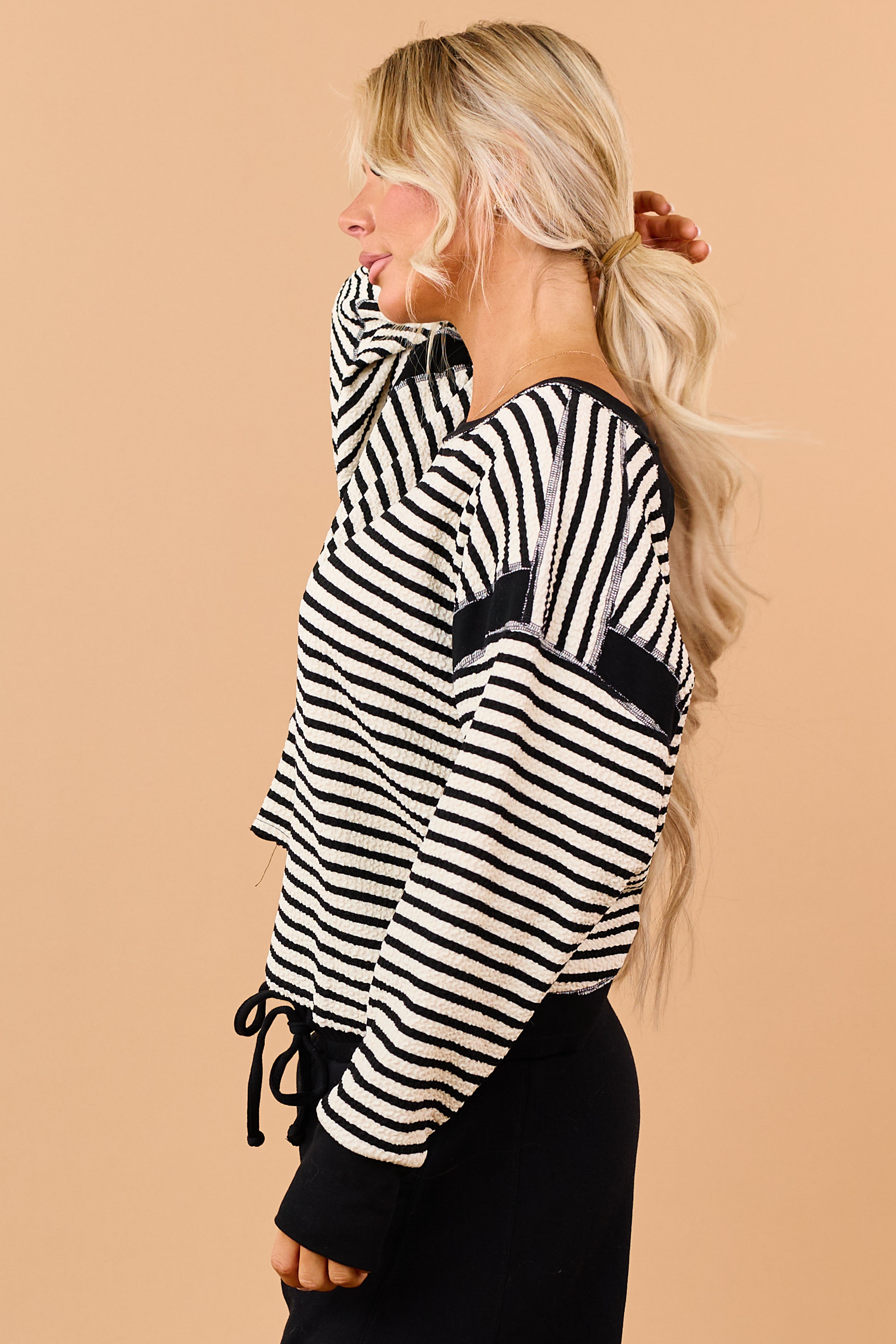 Black Striped Textured Knit Back Cut Out Top