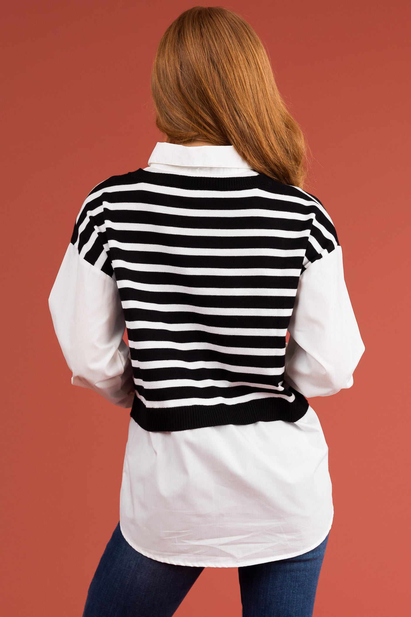 Black Striped Vest Layered Long Sleeve Blouse