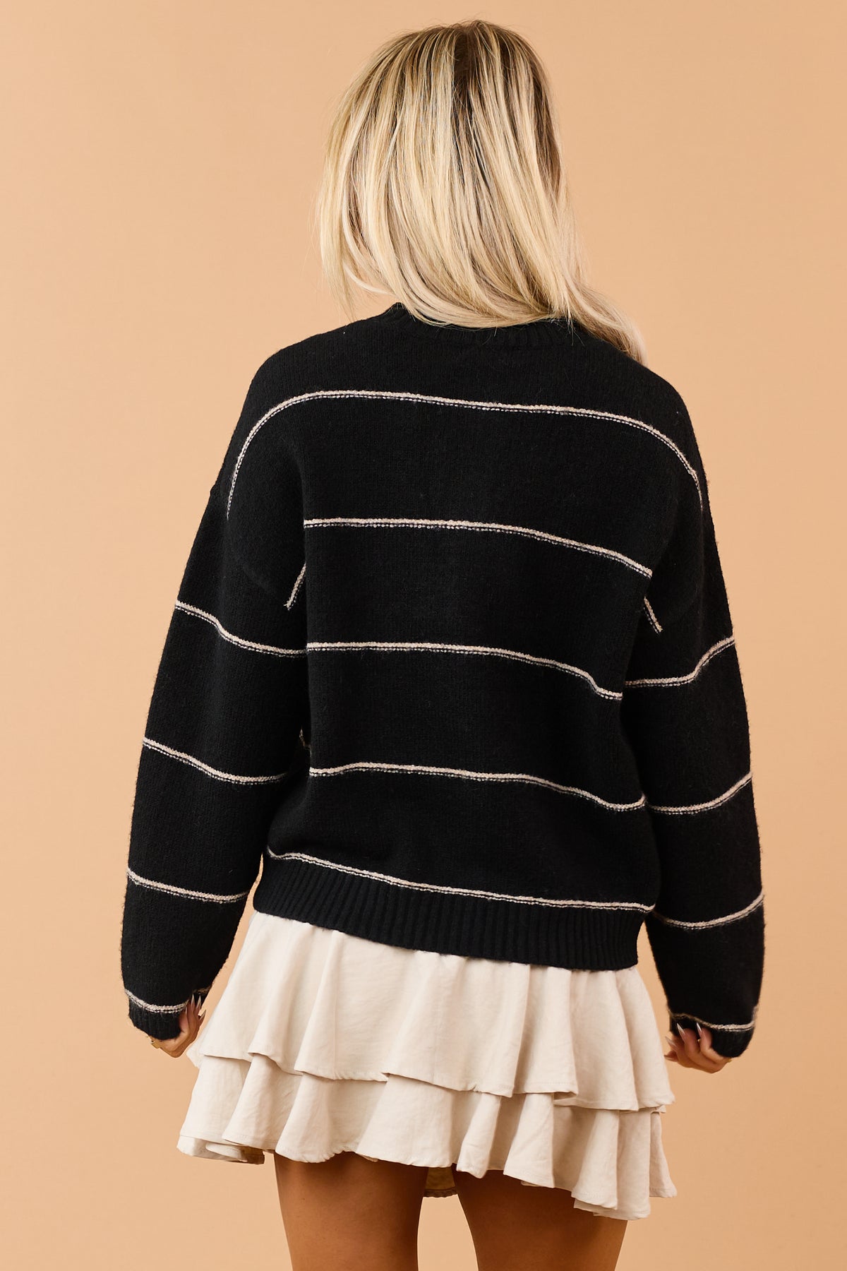 Black Striped Wool Blend Soft Knit Cardigan