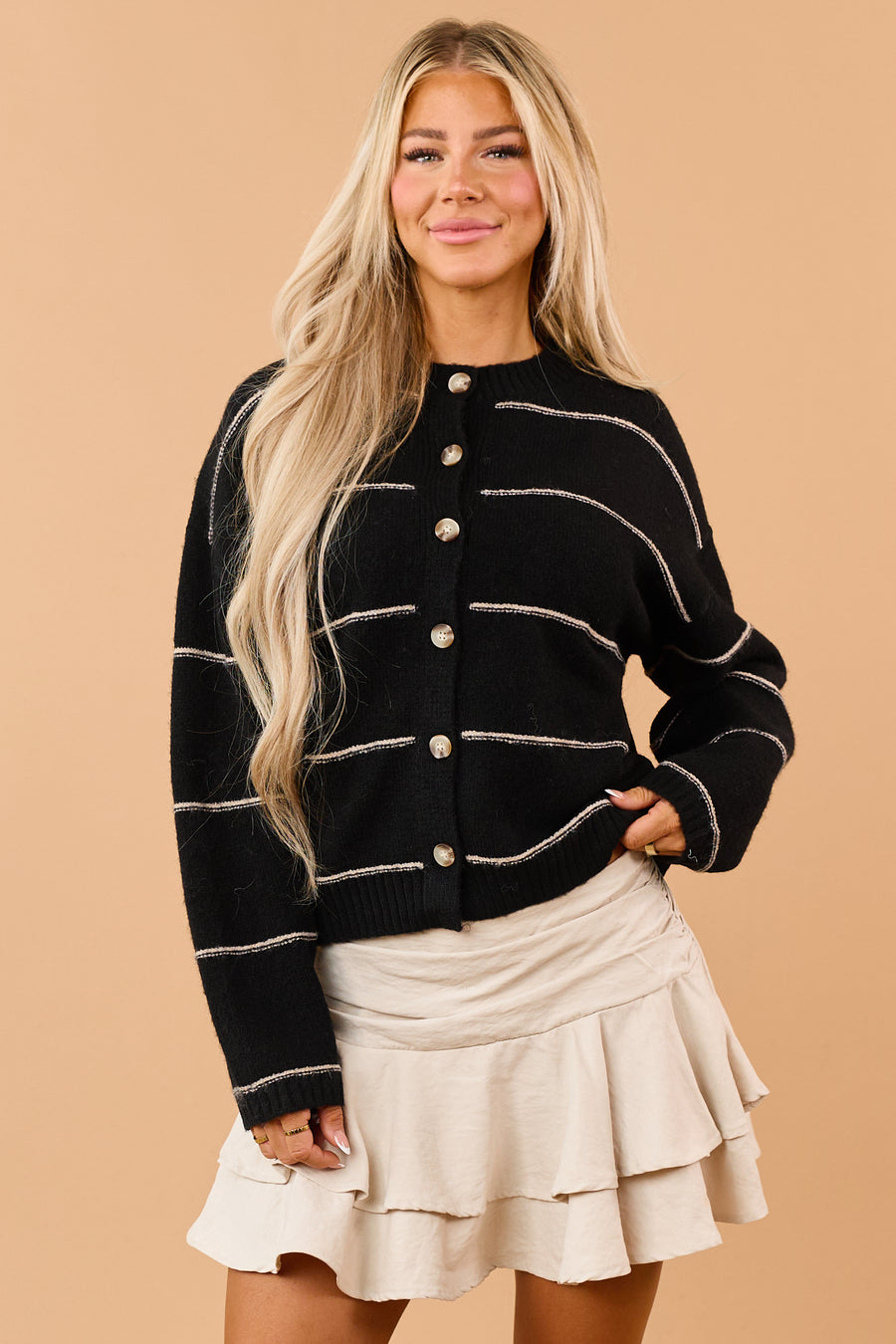 Black Striped Wool Blend Soft Knit Cardigan