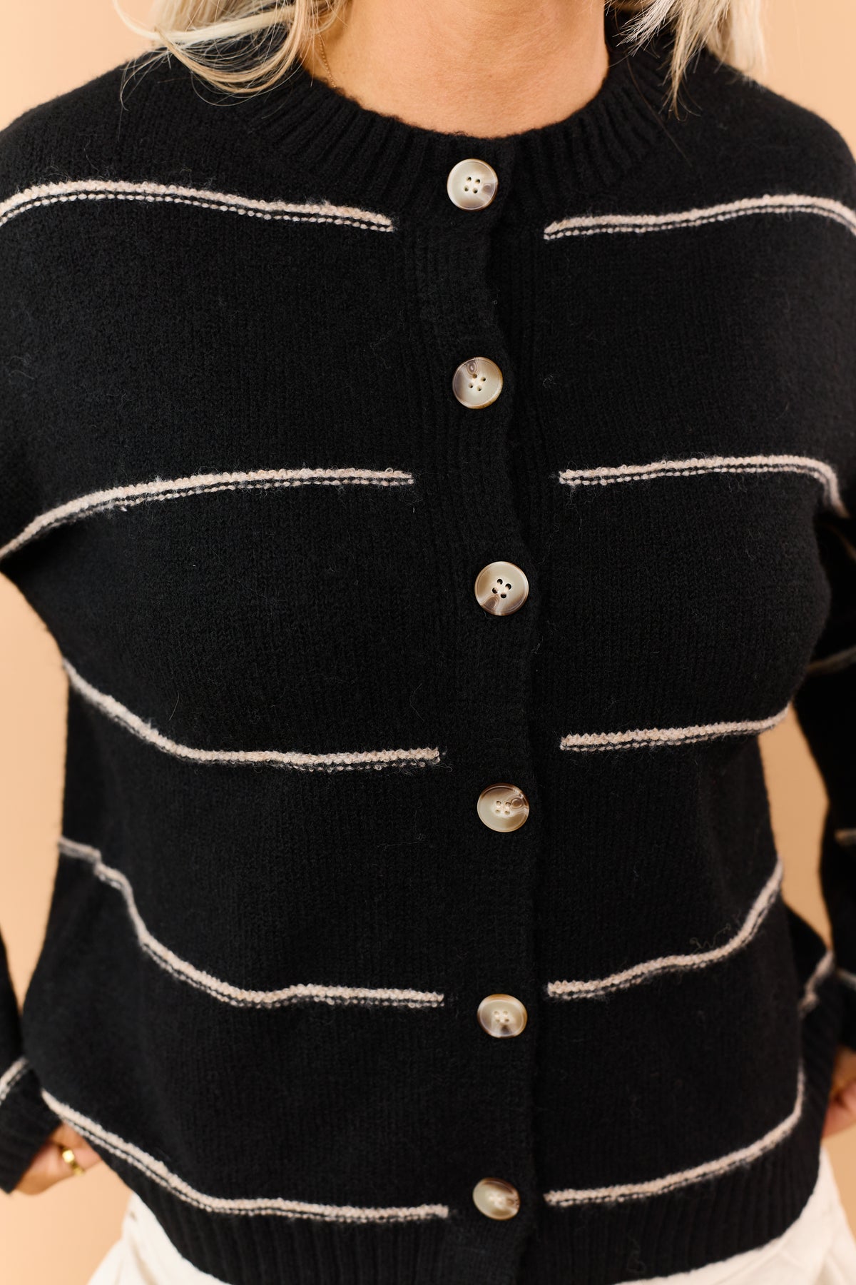 Black Striped Wool Blend Soft Knit Cardigan