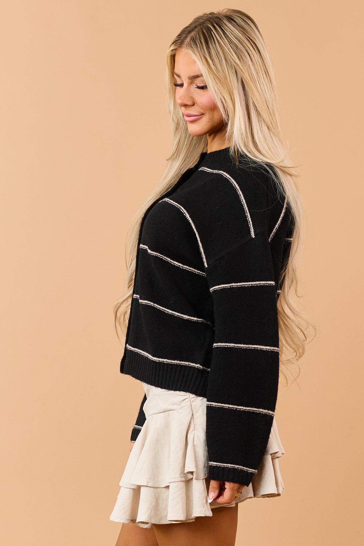 Black Striped Wool Blend Soft Knit Cardigan