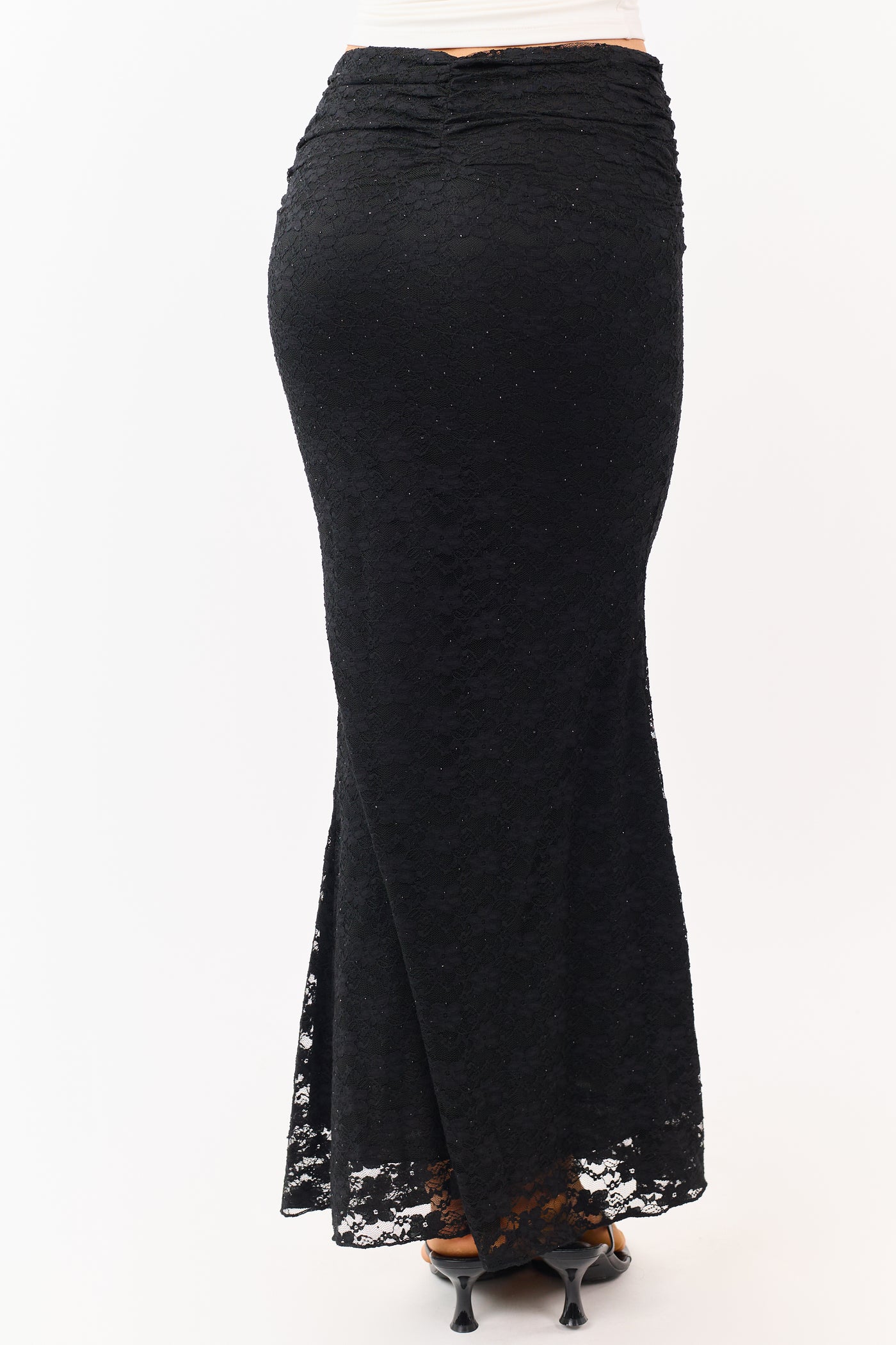 Black Studded Floral Lace Ruched Maxi Skirt