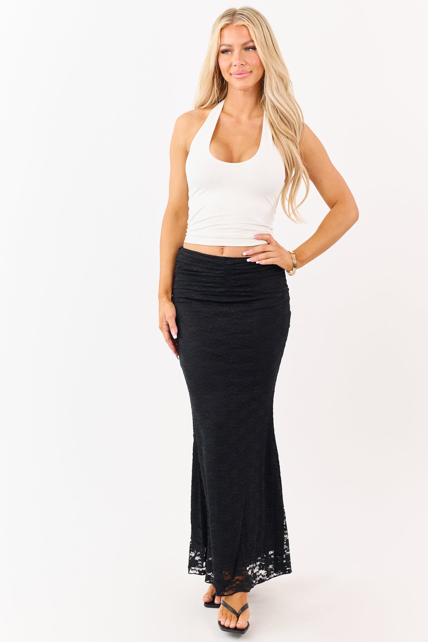 Black Studded Floral Lace Ruched Maxi Skirt