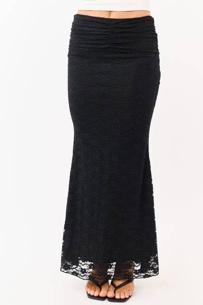 Black Studded Floral Lace Ruched Maxi Skirt