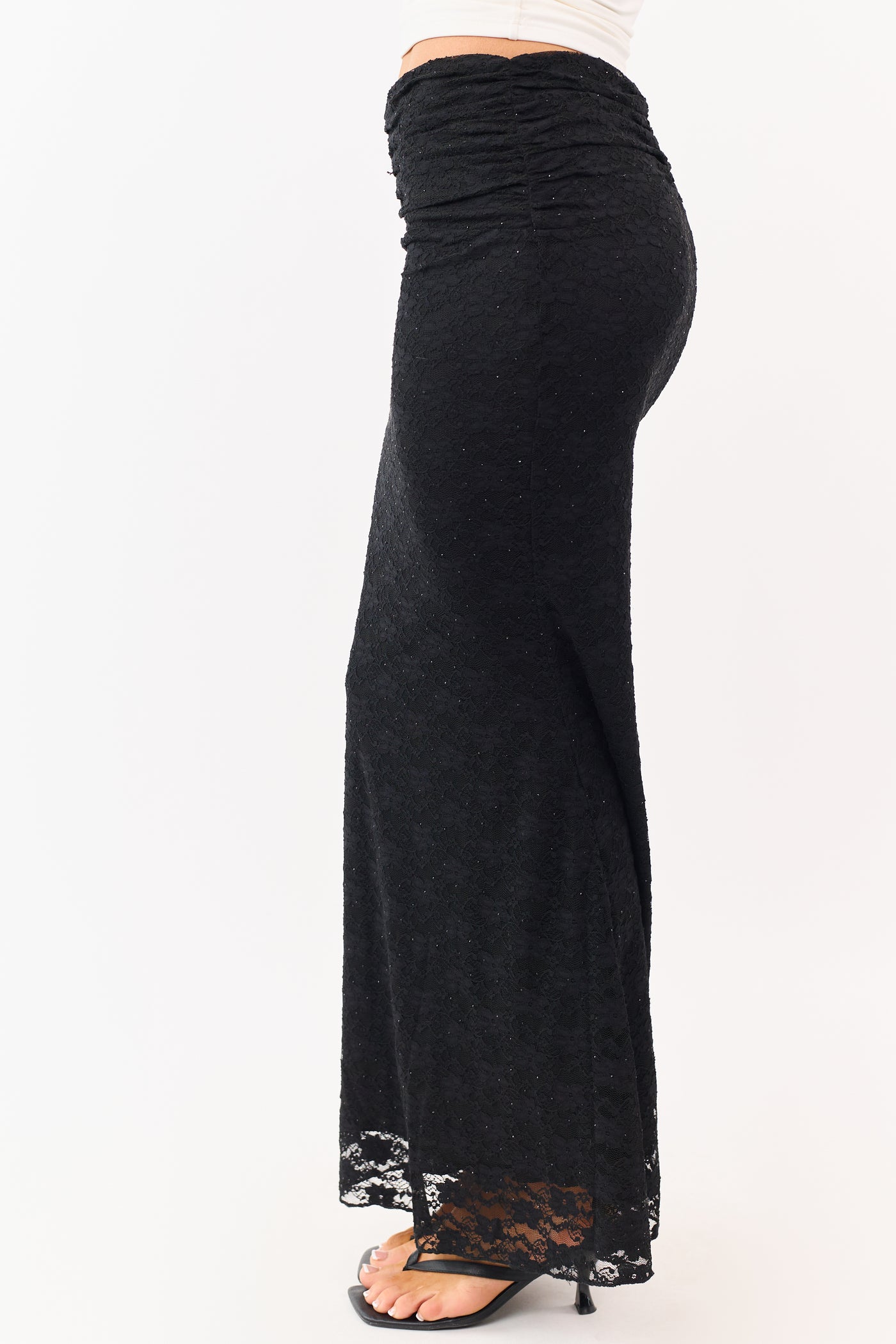 Black Studded Floral Lace Ruched Maxi Skirt