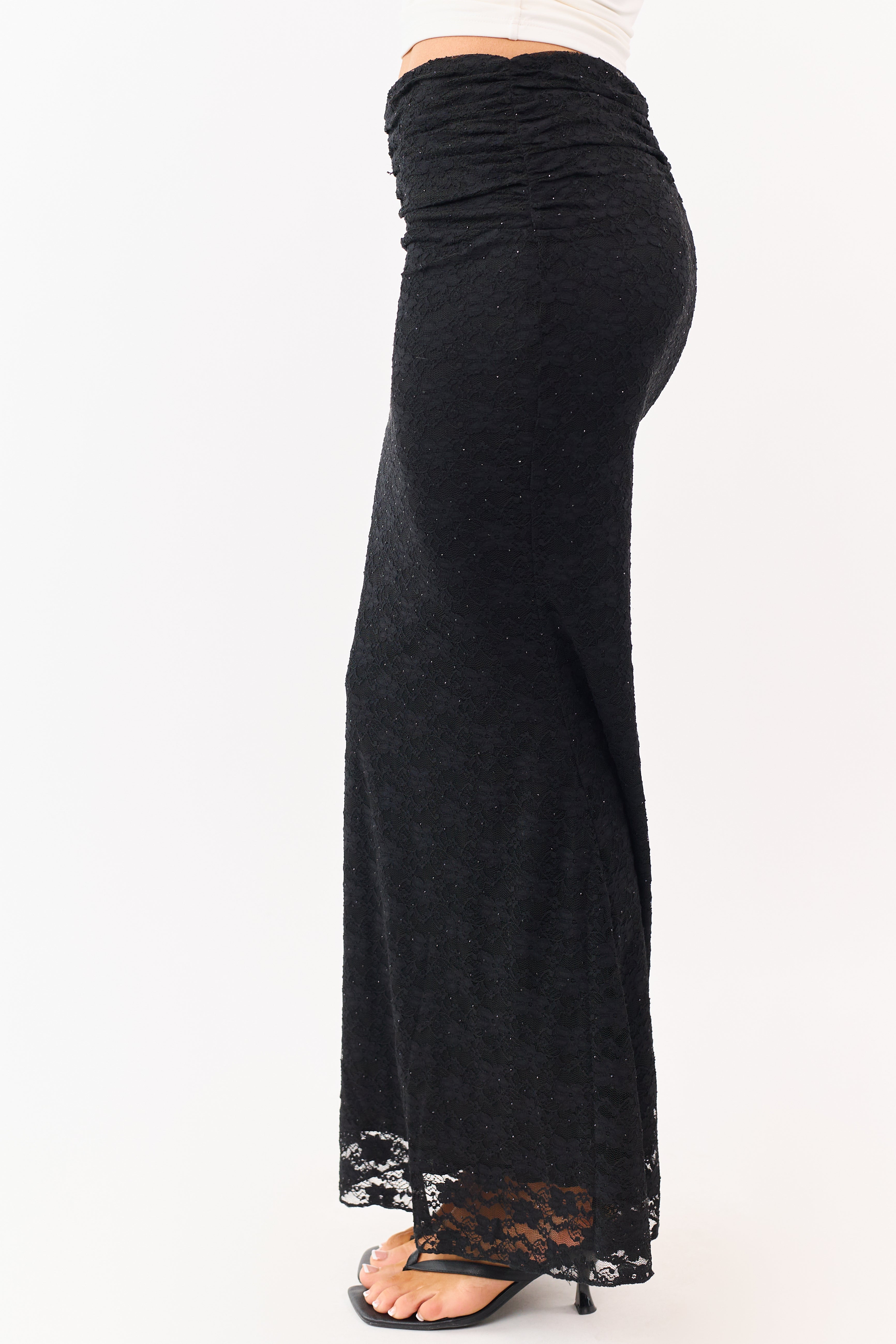 Black Studded Floral Lace Ruched Maxi Skirt
