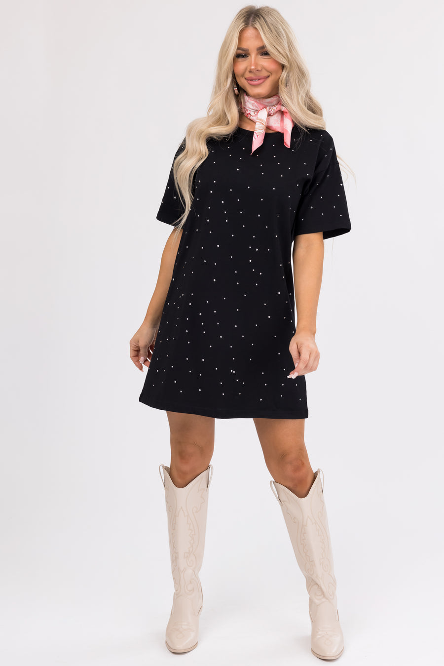 Black Studded Short Sleeve Mini Dress