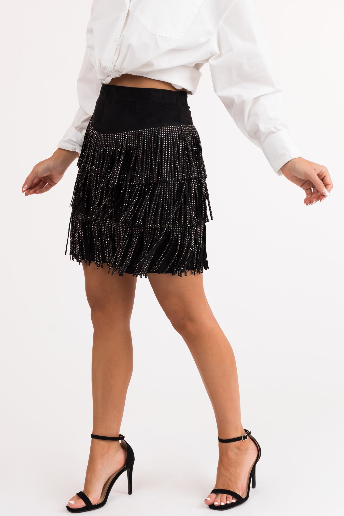 Black Studded Tiered Fringe Suede Mini Skirt
