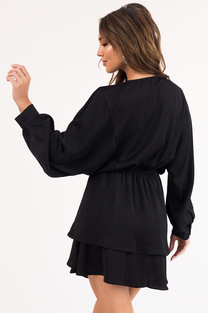 Black Surplice Front Long Sleeve Satin Dress