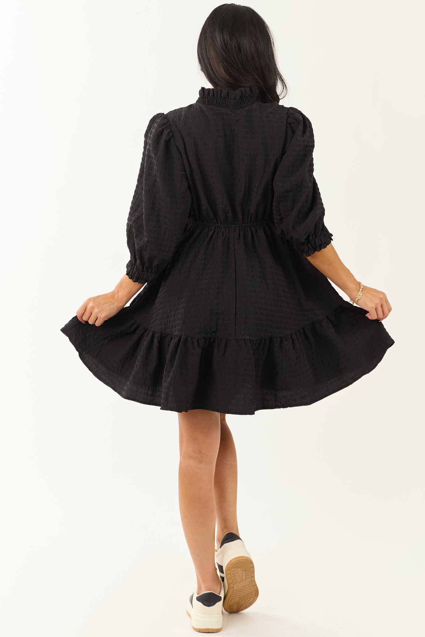 Black Surplice Neck 3/4 Bubble Sleeve Mini Dress