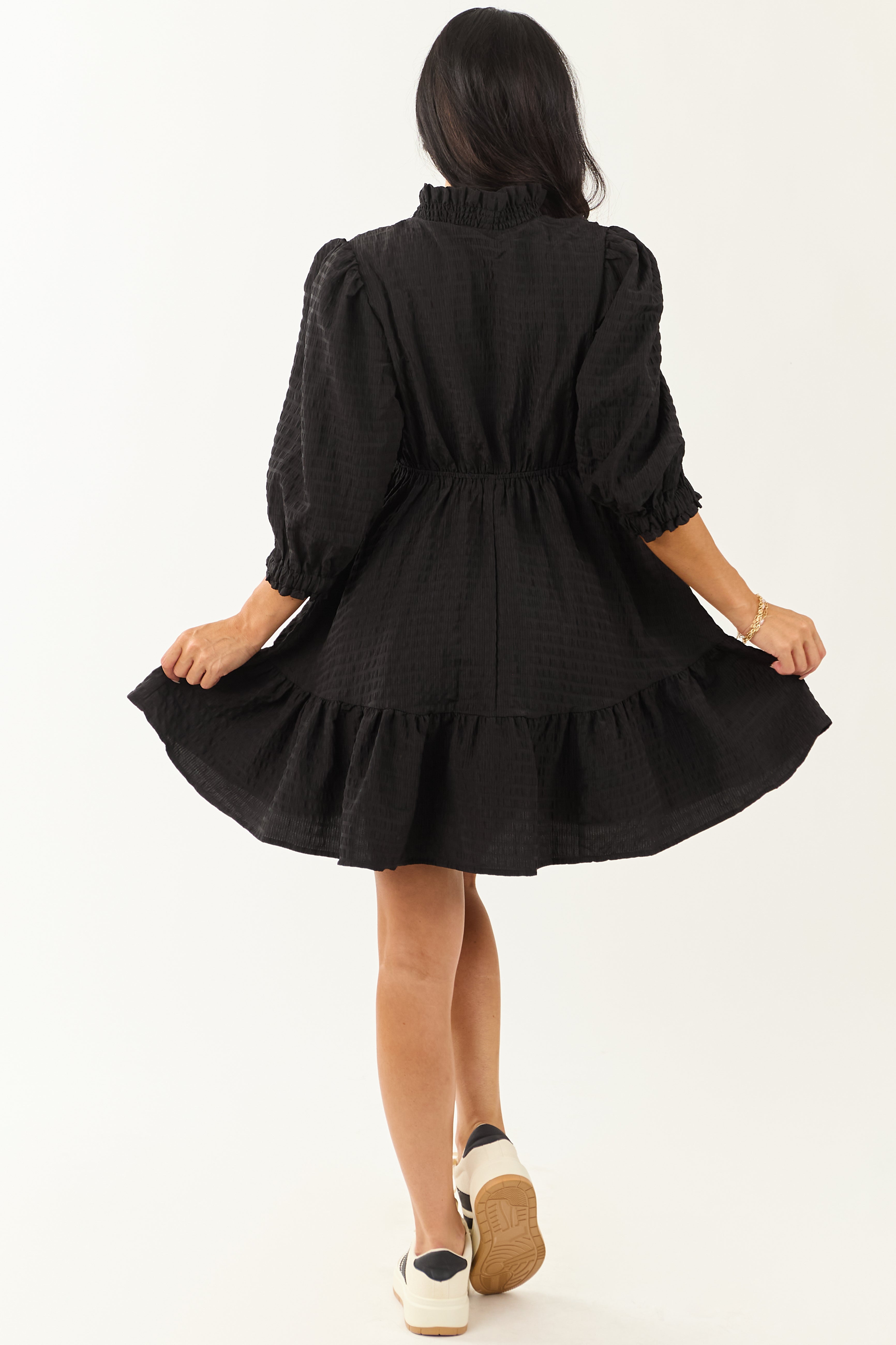 Black Surplice Neck 3/4 Bubble Sleeve Mini Dress