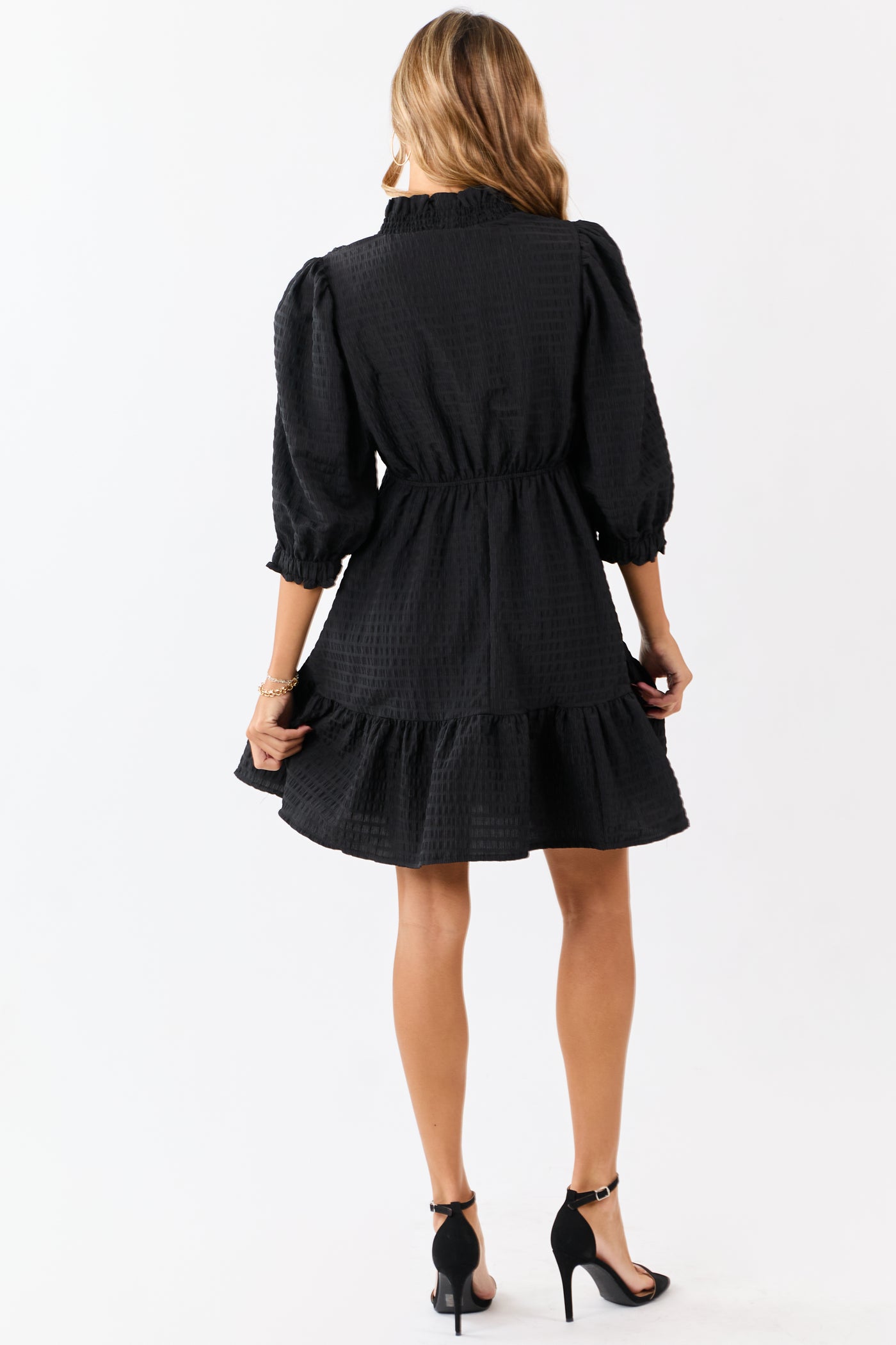 Black Surplice Neck 3/4 Bubble Sleeve Mini Dress
