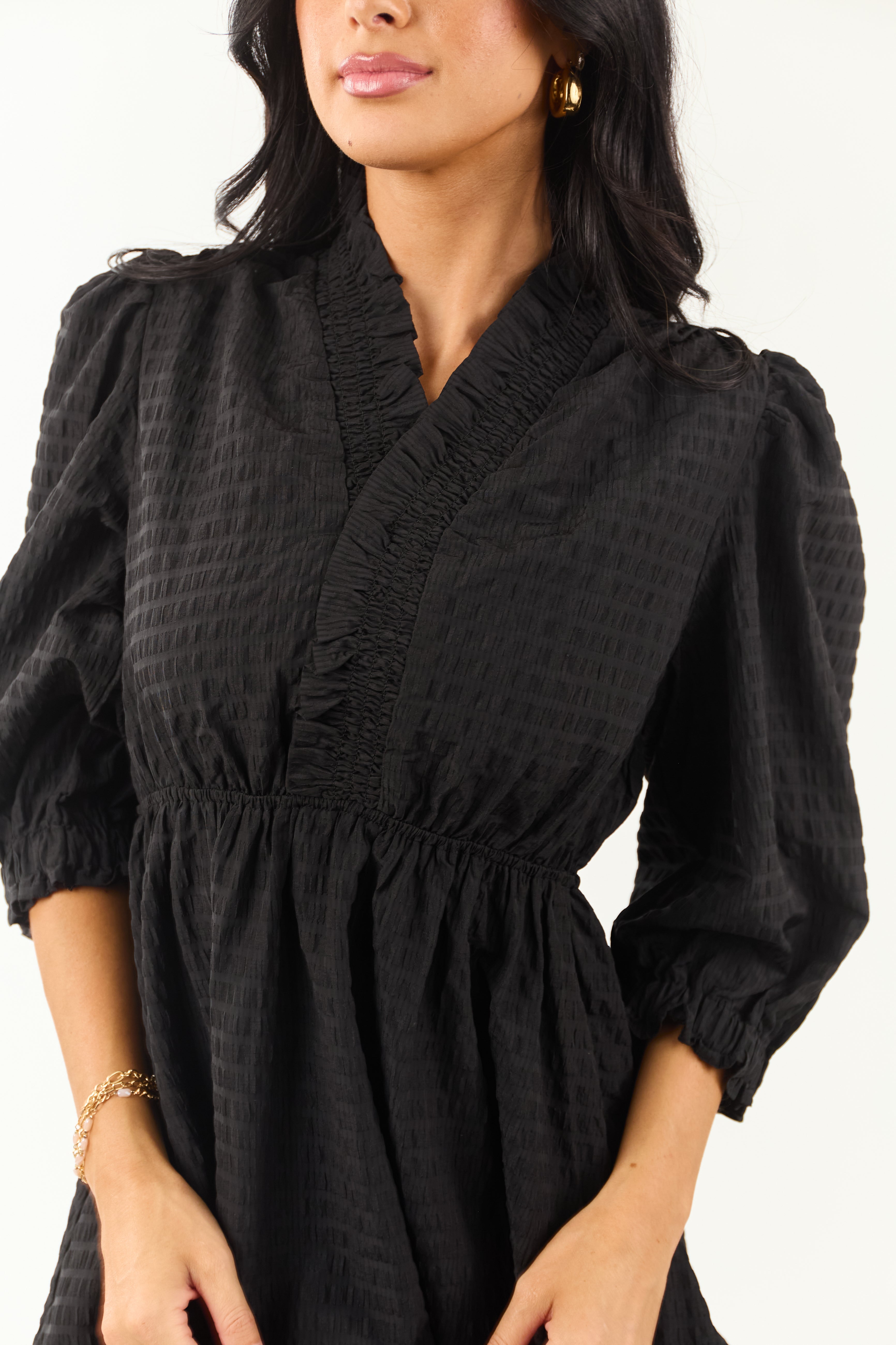 Black Surplice Neck 3/4 Bubble Sleeve Mini Dress