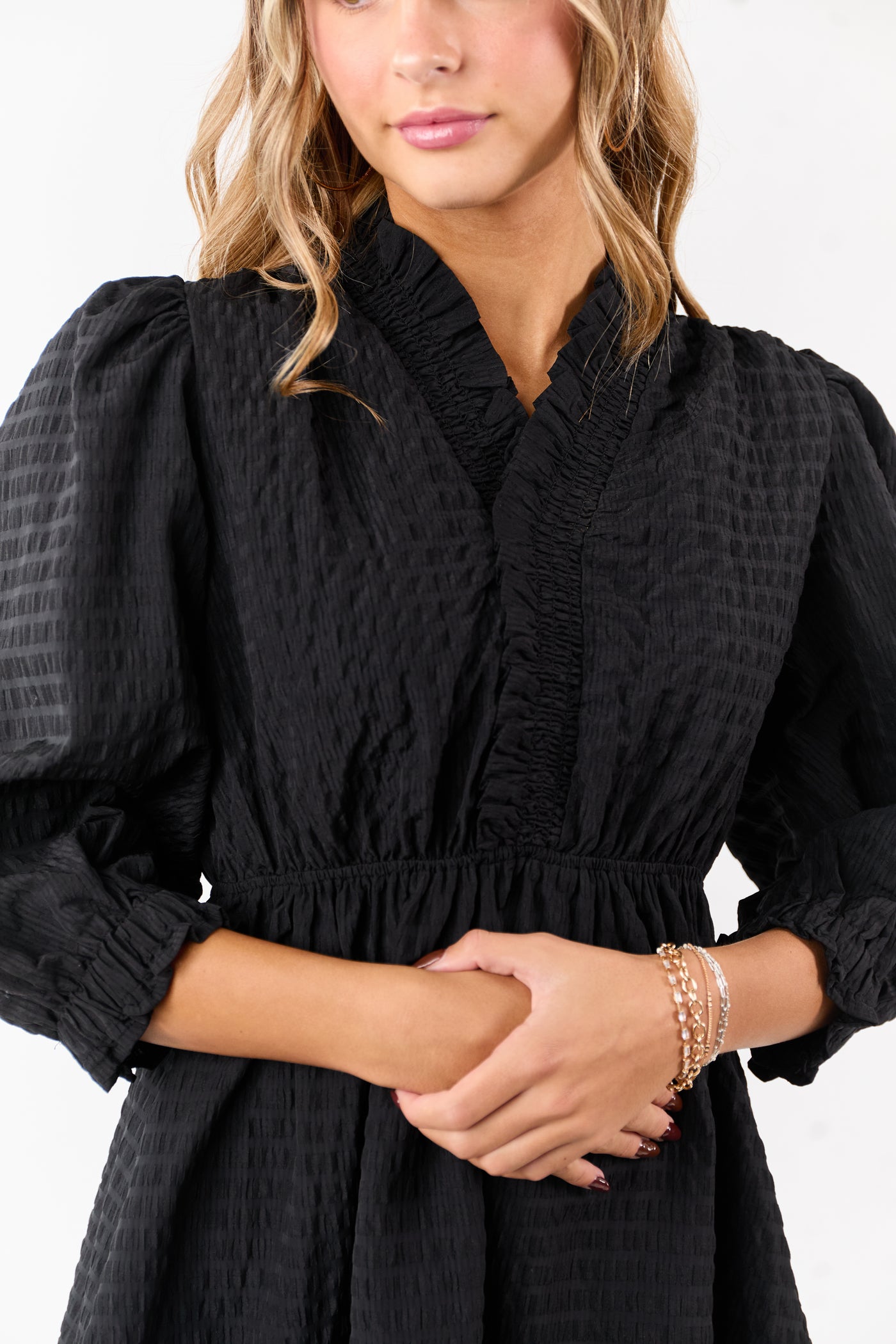 Black Surplice Neck 3/4 Bubble Sleeve Mini Dress