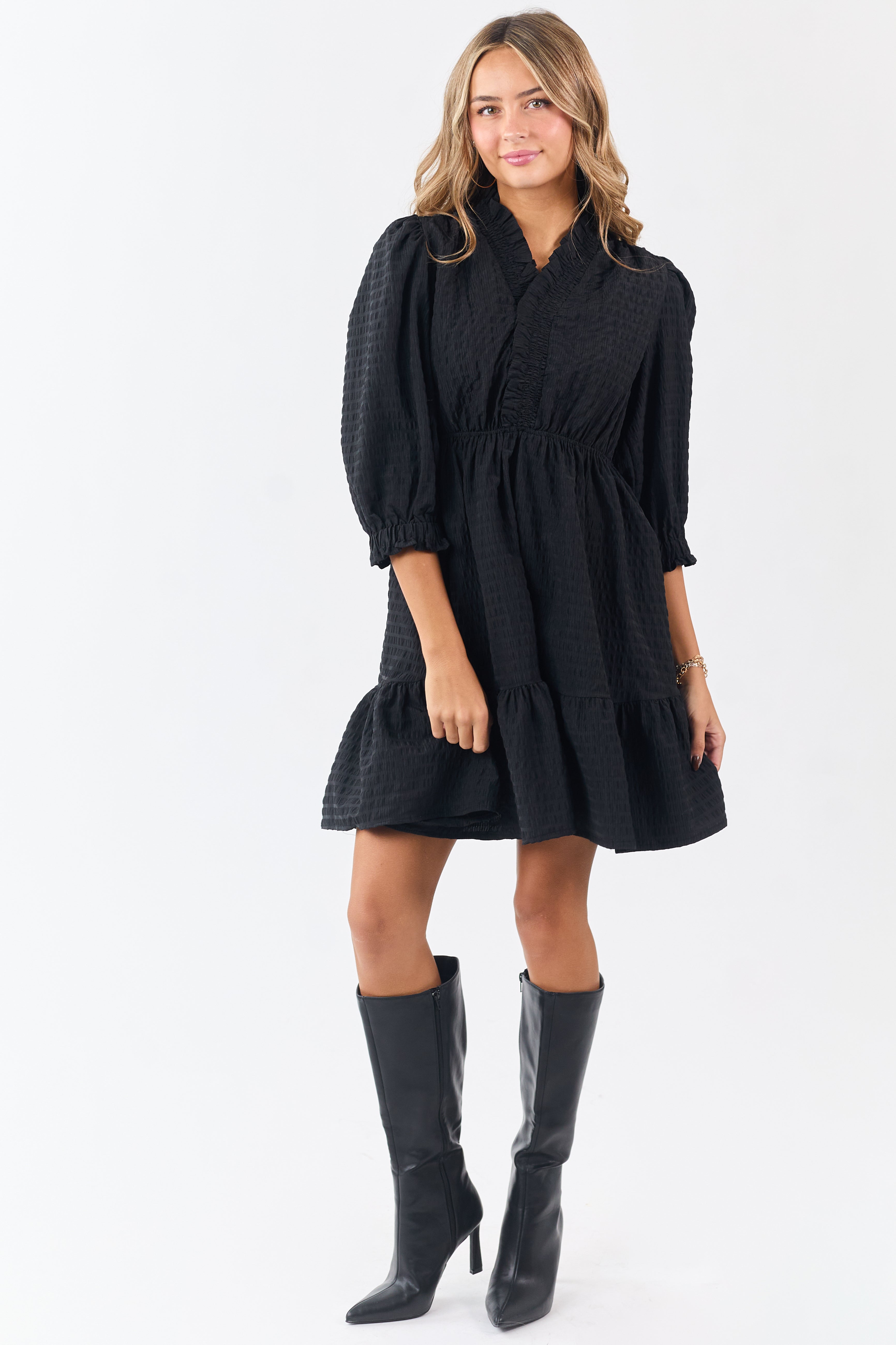 Black Surplice Neck 3/4 Bubble Sleeve Mini Dress