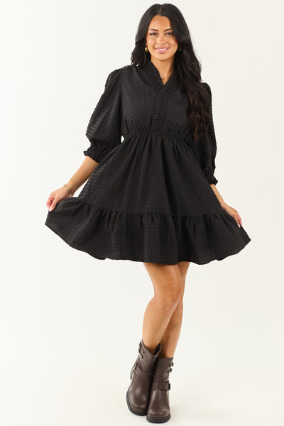 Black Surplice Neck 3/4 Bubble Sleeve Mini Dress