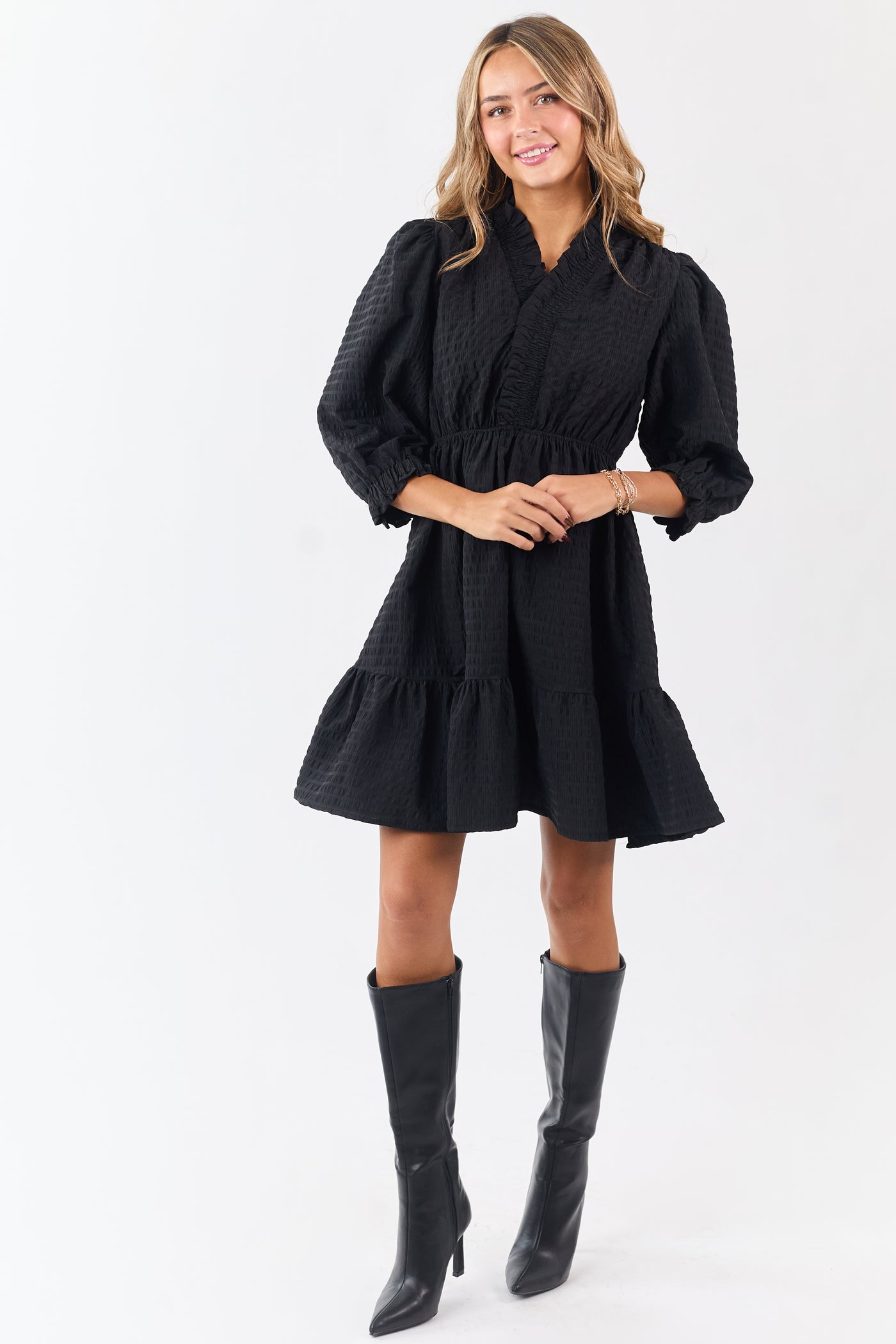 Black Surplice Neck 3/4 Bubble Sleeve Mini Dress