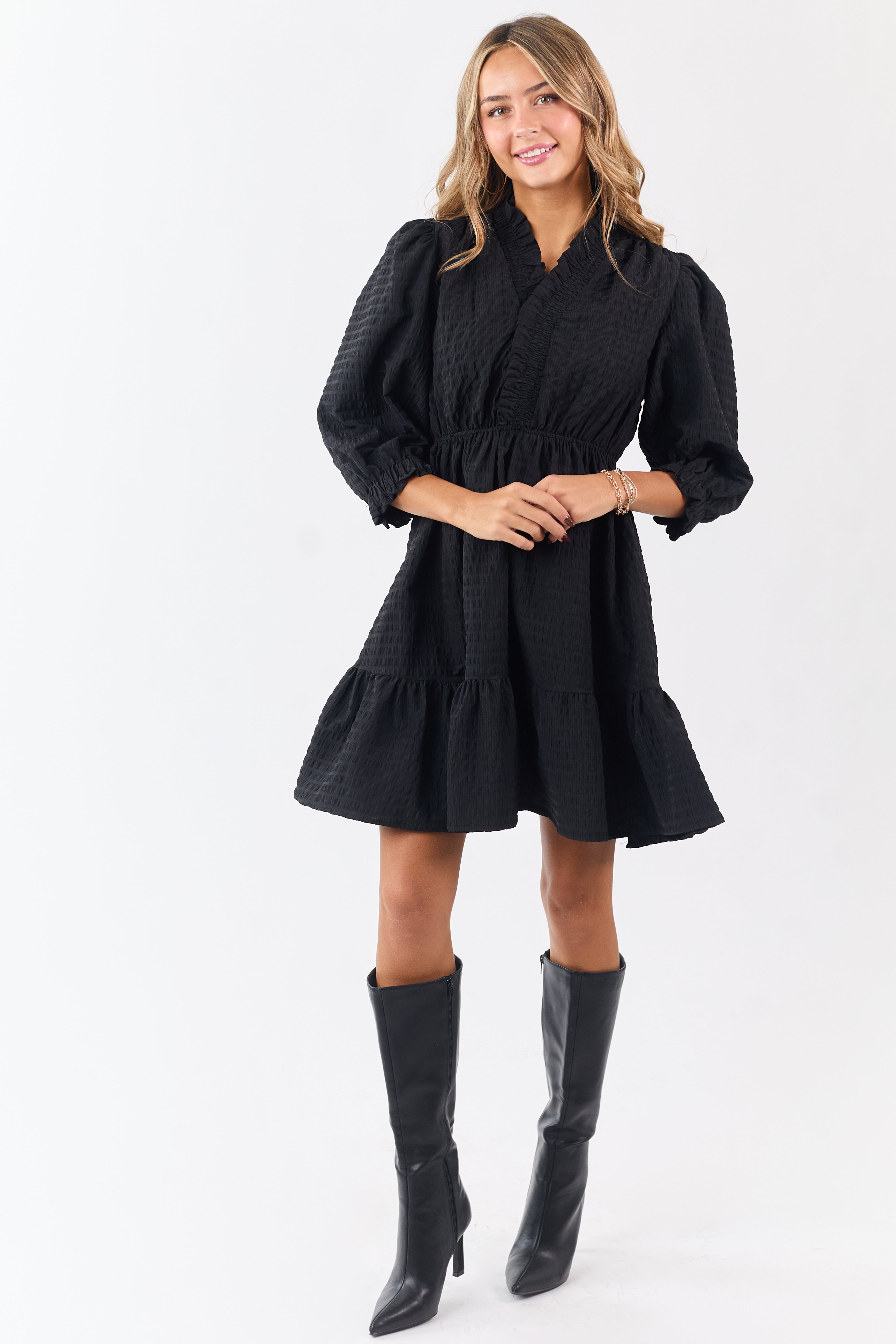 Black Surplice Neck 3/4 Bubble Sleeve Mini Dress