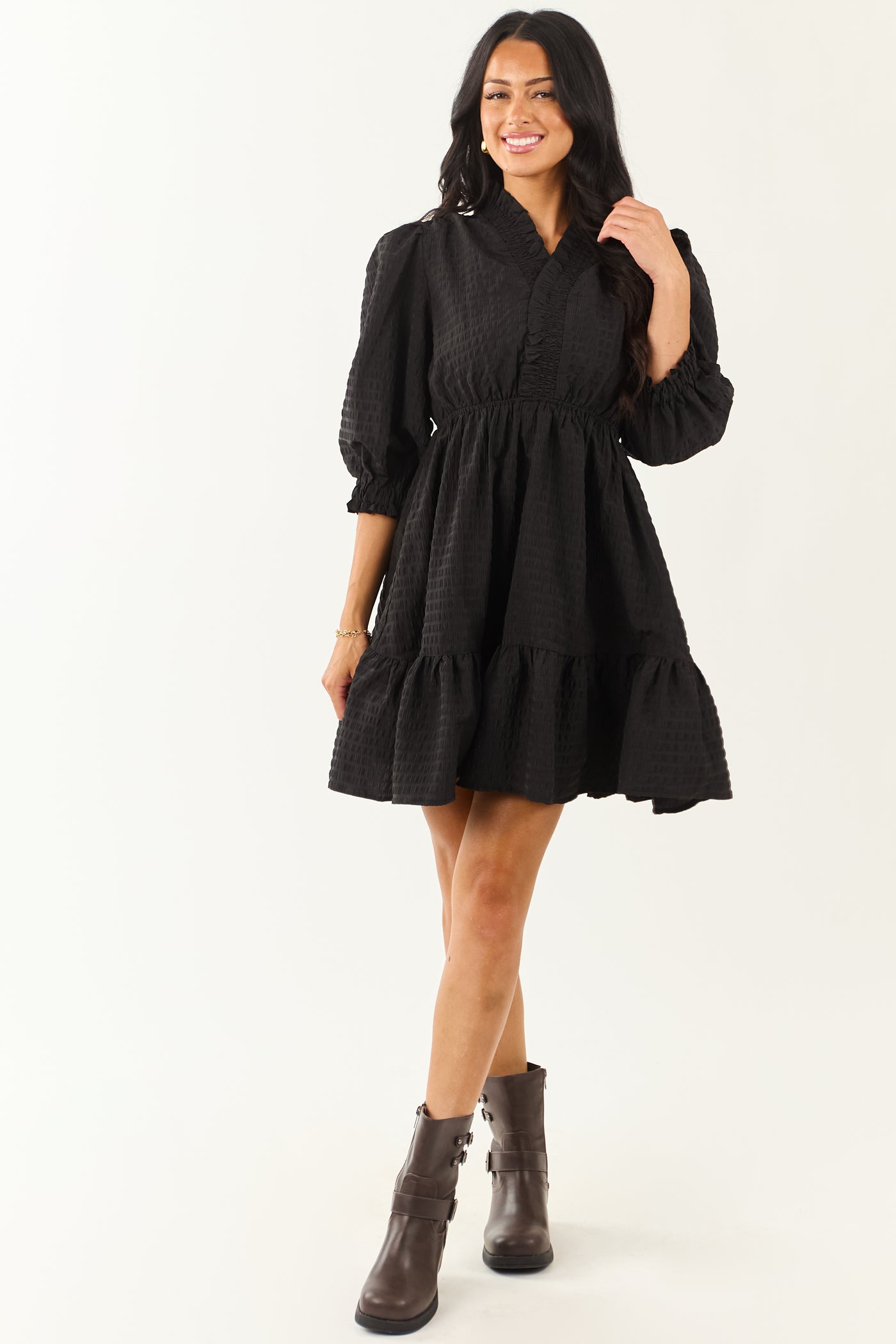 Black Surplice Neck 3/4 Bubble Sleeve Mini Dress