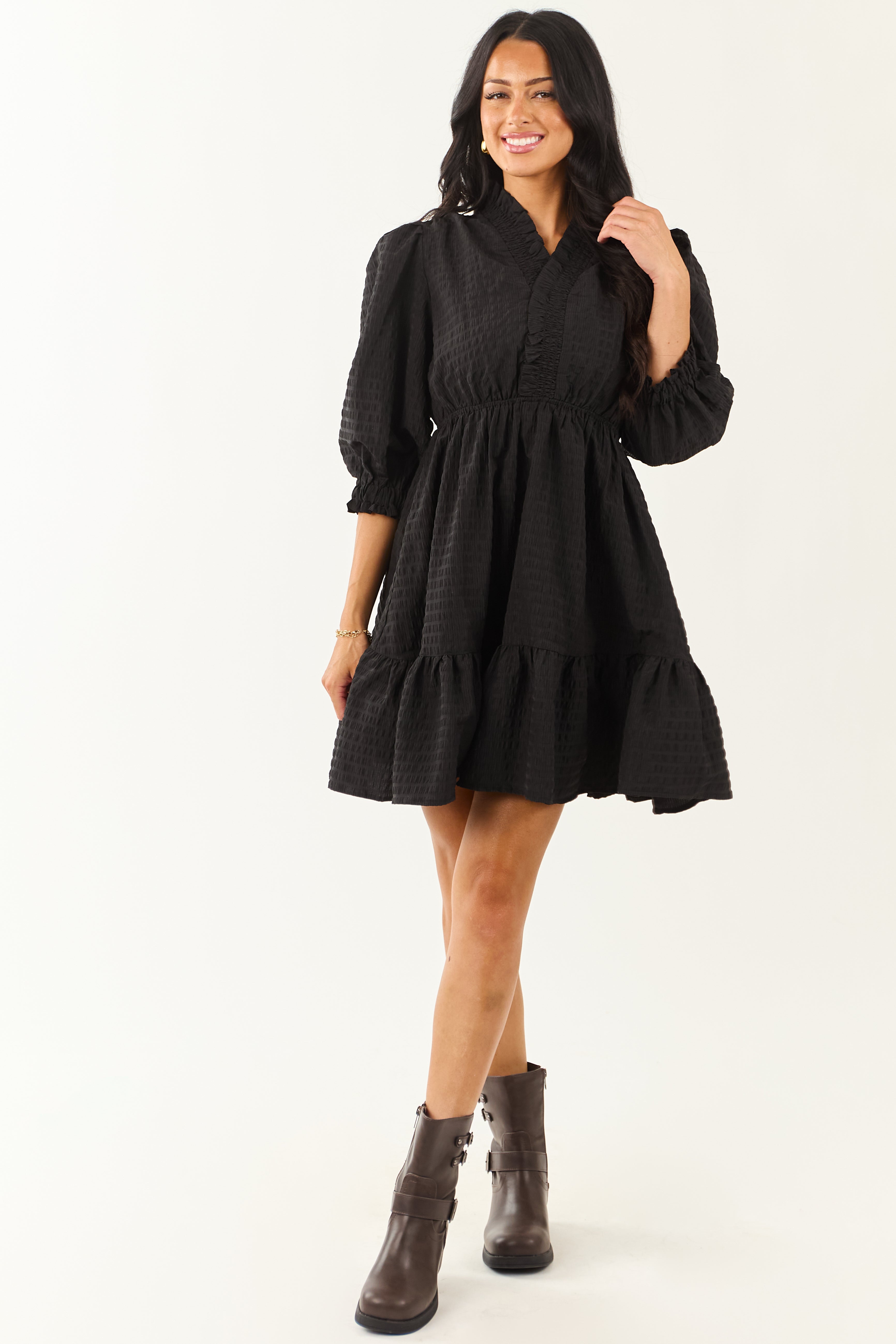 Black Surplice Neck 3/4 Bubble Sleeve Mini Dress
