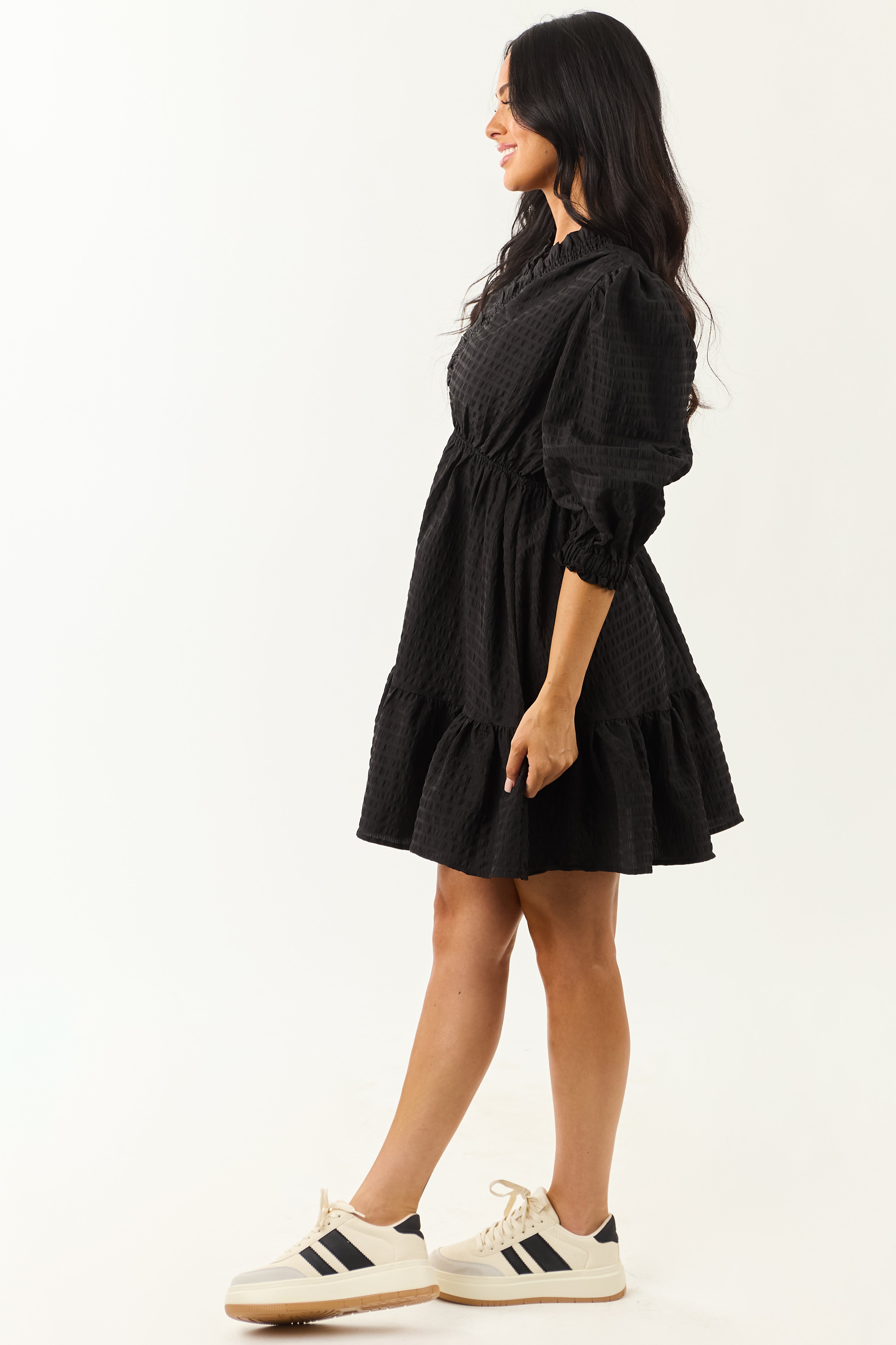 Black Surplice Neck 3/4 Bubble Sleeve Mini Dress