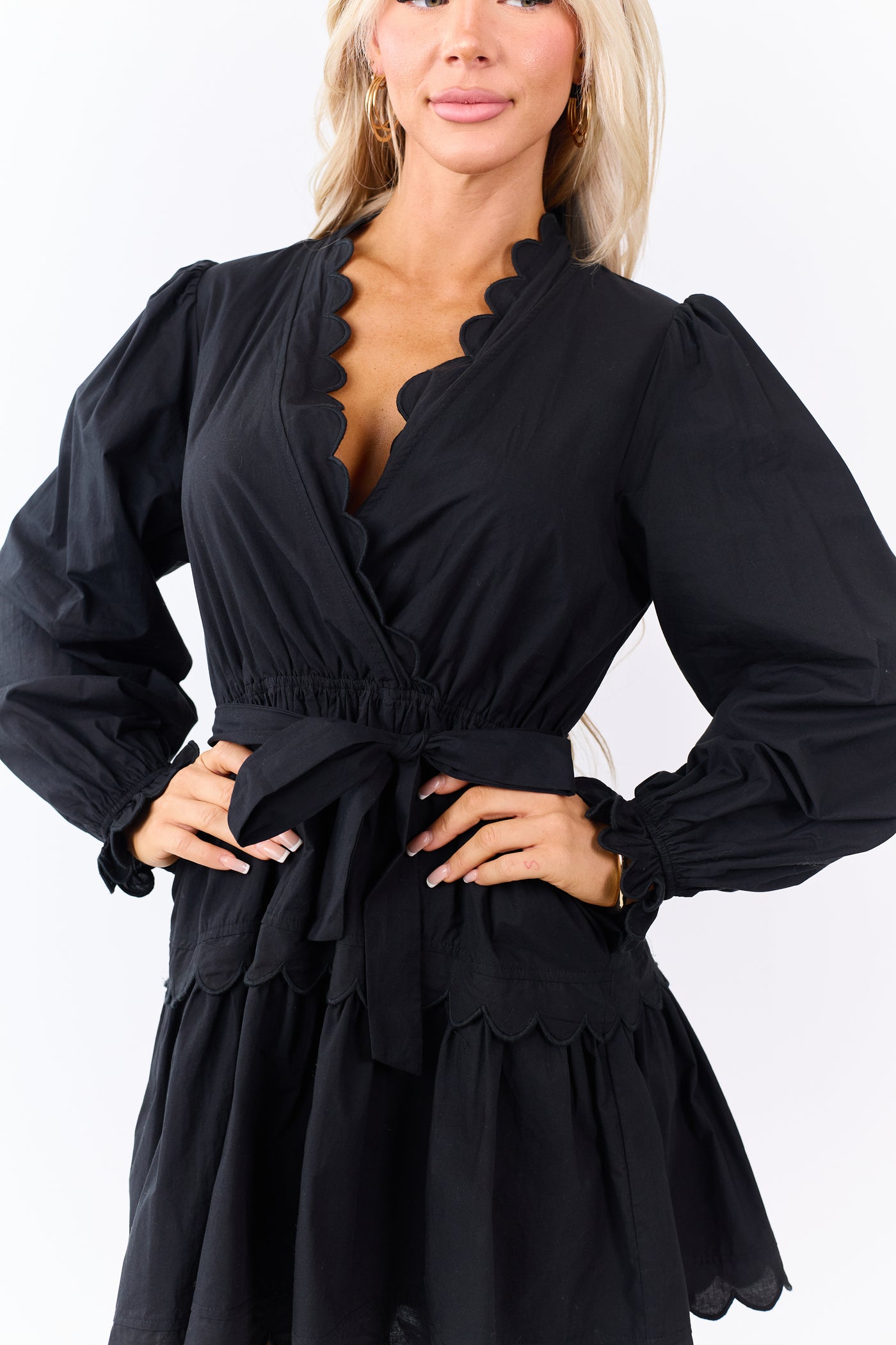 Black Surplice Scalloped Trim Cotton Mini Dress