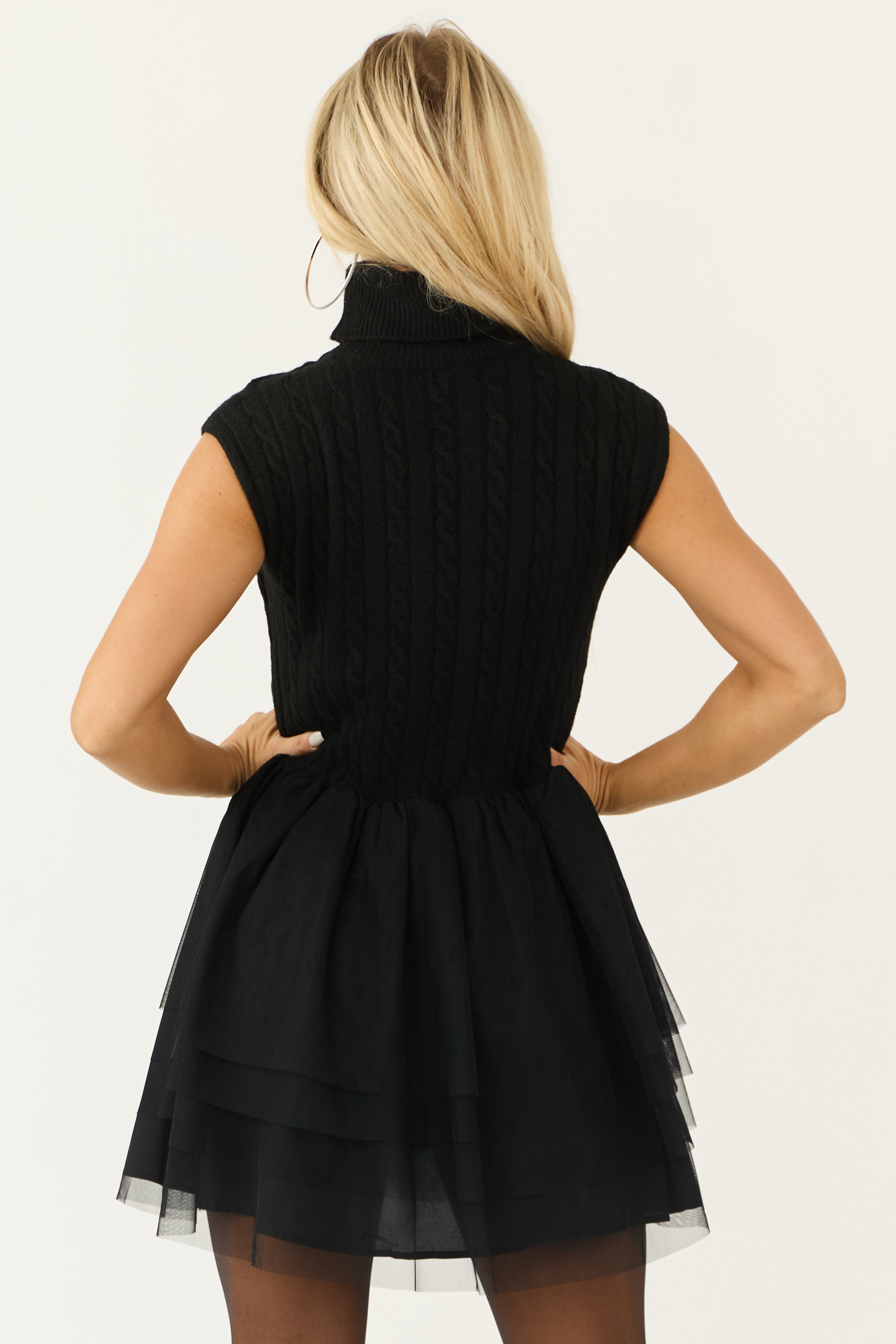 Black Sweater Bodice Ruffle Tulle Mini Dress | Lime Lush Boutique