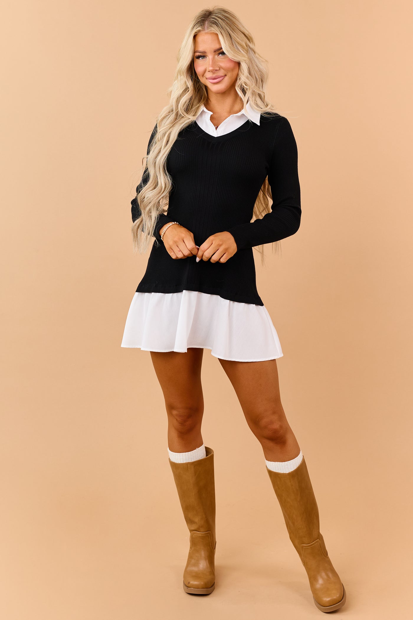Black Sweater Knit Contrast Shirt Mini Dress