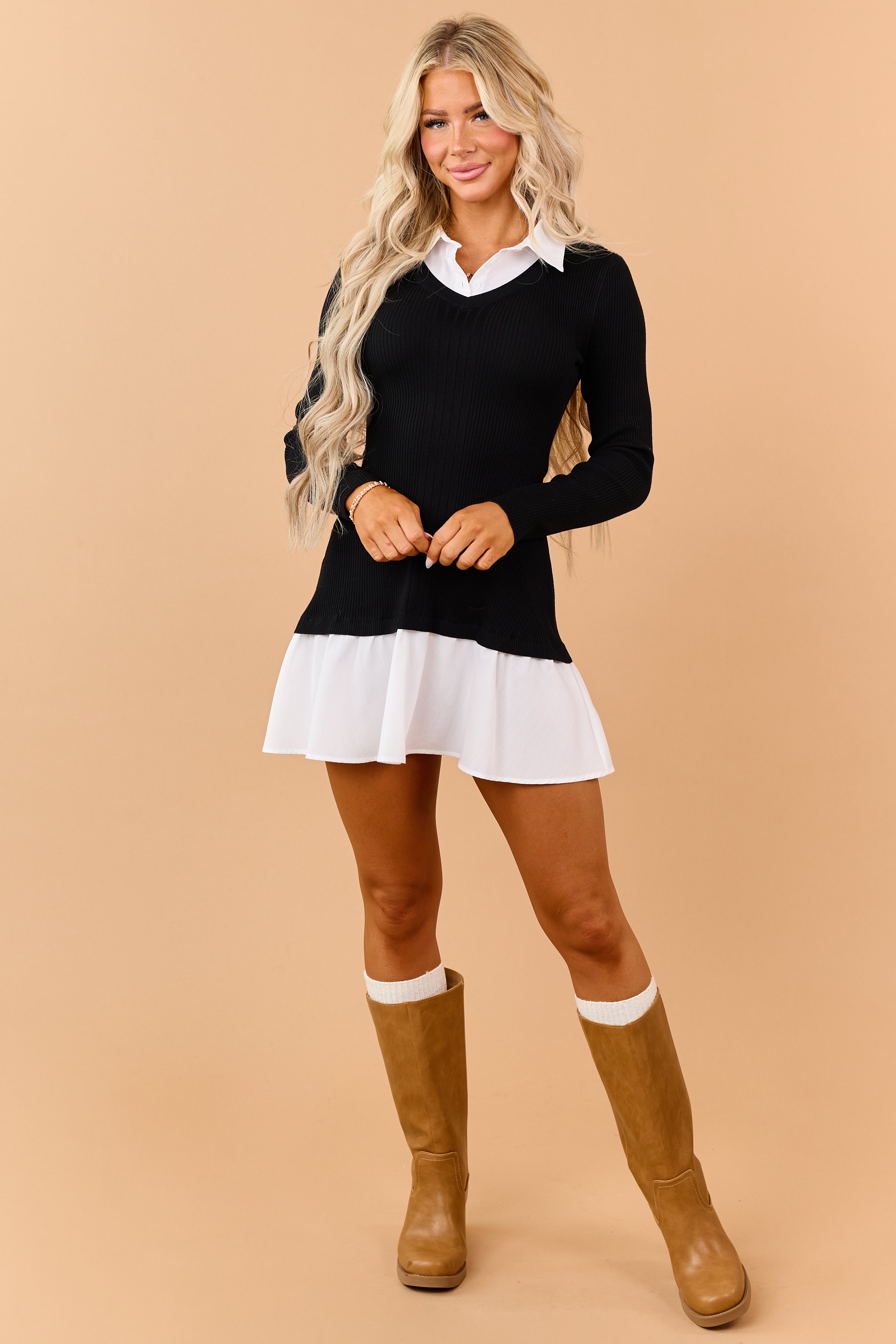 Black Sweater Knit Contrast Shirt Mini Dress