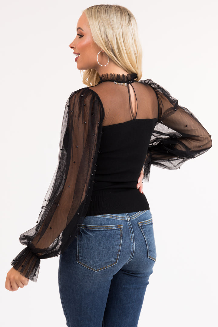 Black Sweater Knit Top with Beaded Tulle Sleeves