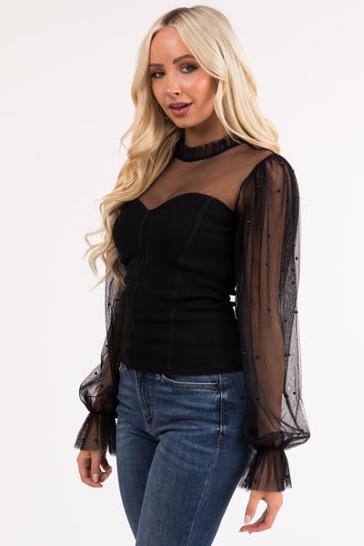 Black Sweater Knit Top with Beaded Tulle Sleeves