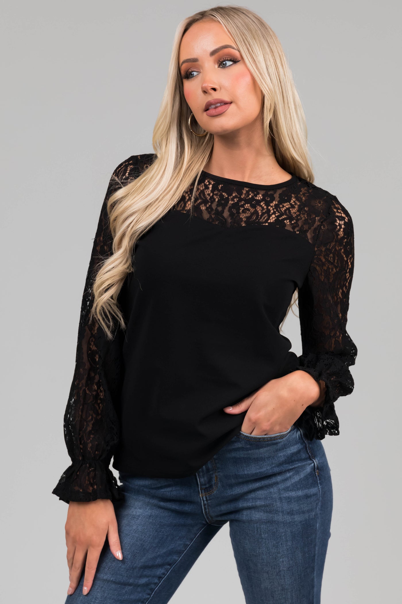 Black Sweetheart Lace Long Sleeve Top | Lime Lush