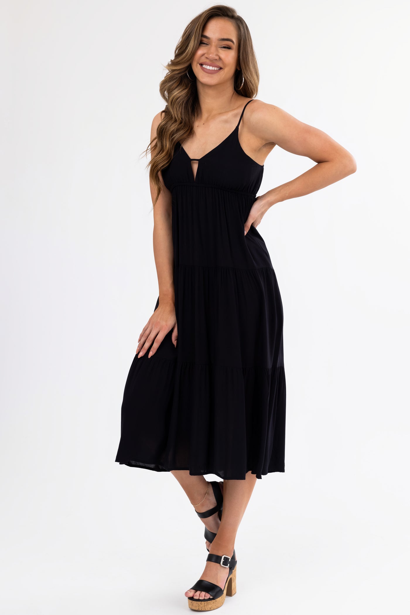 Black Sweetheart Neck Tiered Midi Dress