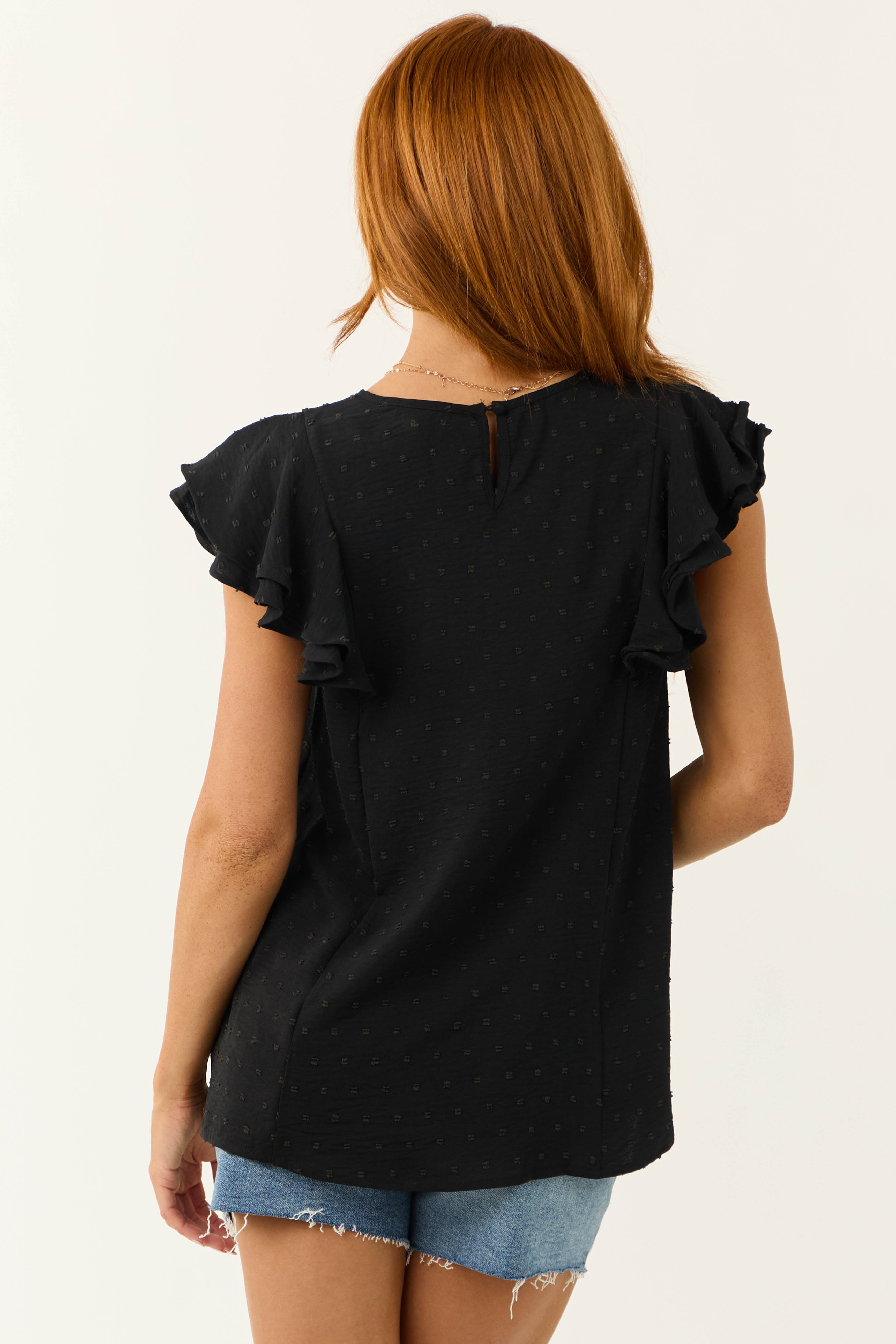 Black Swiss Dot Short Frill Sleeve Blouse | Lime Lush Boutique