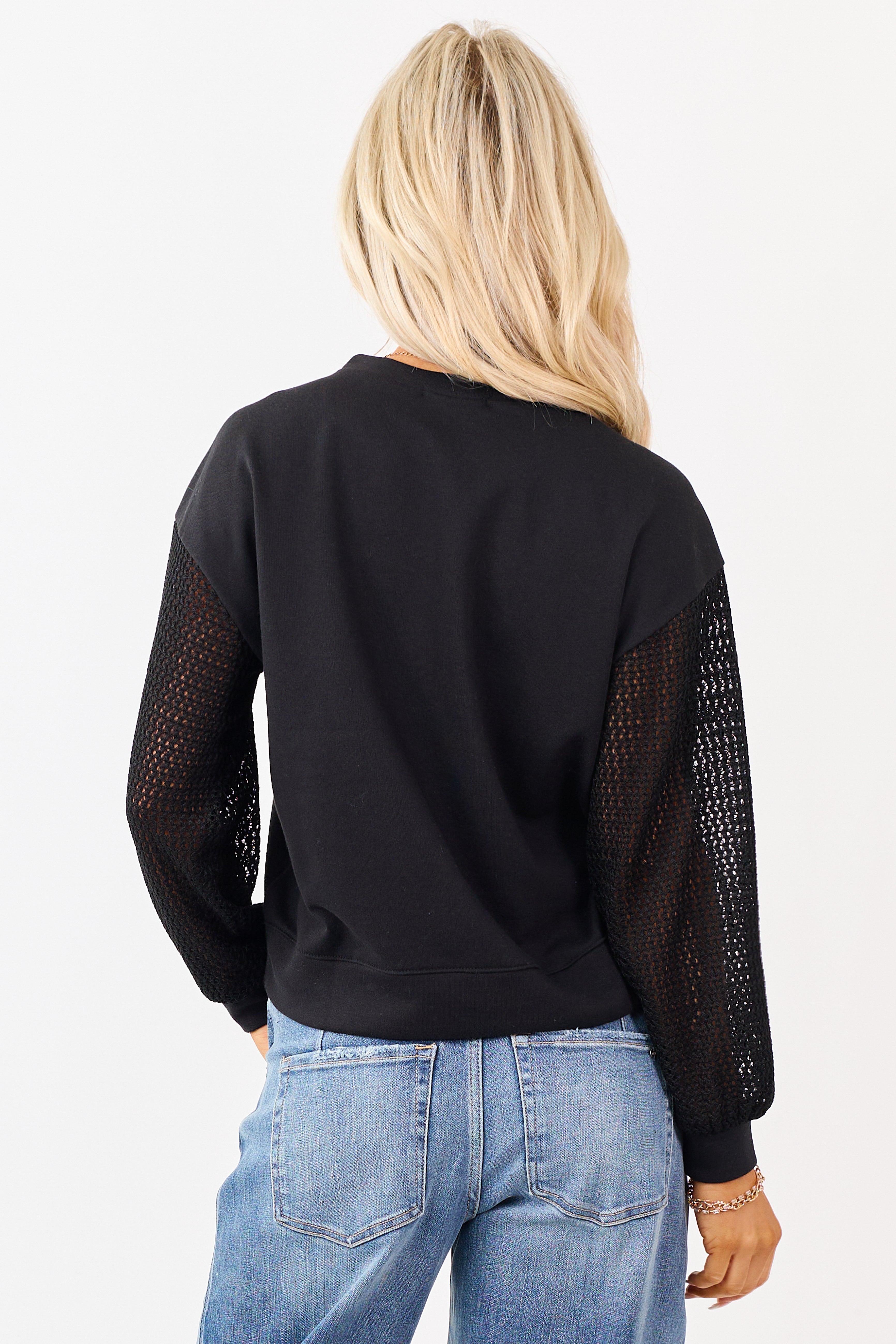 Black Terry Knit Contrast Fishnet Sleeve Sweatshirt