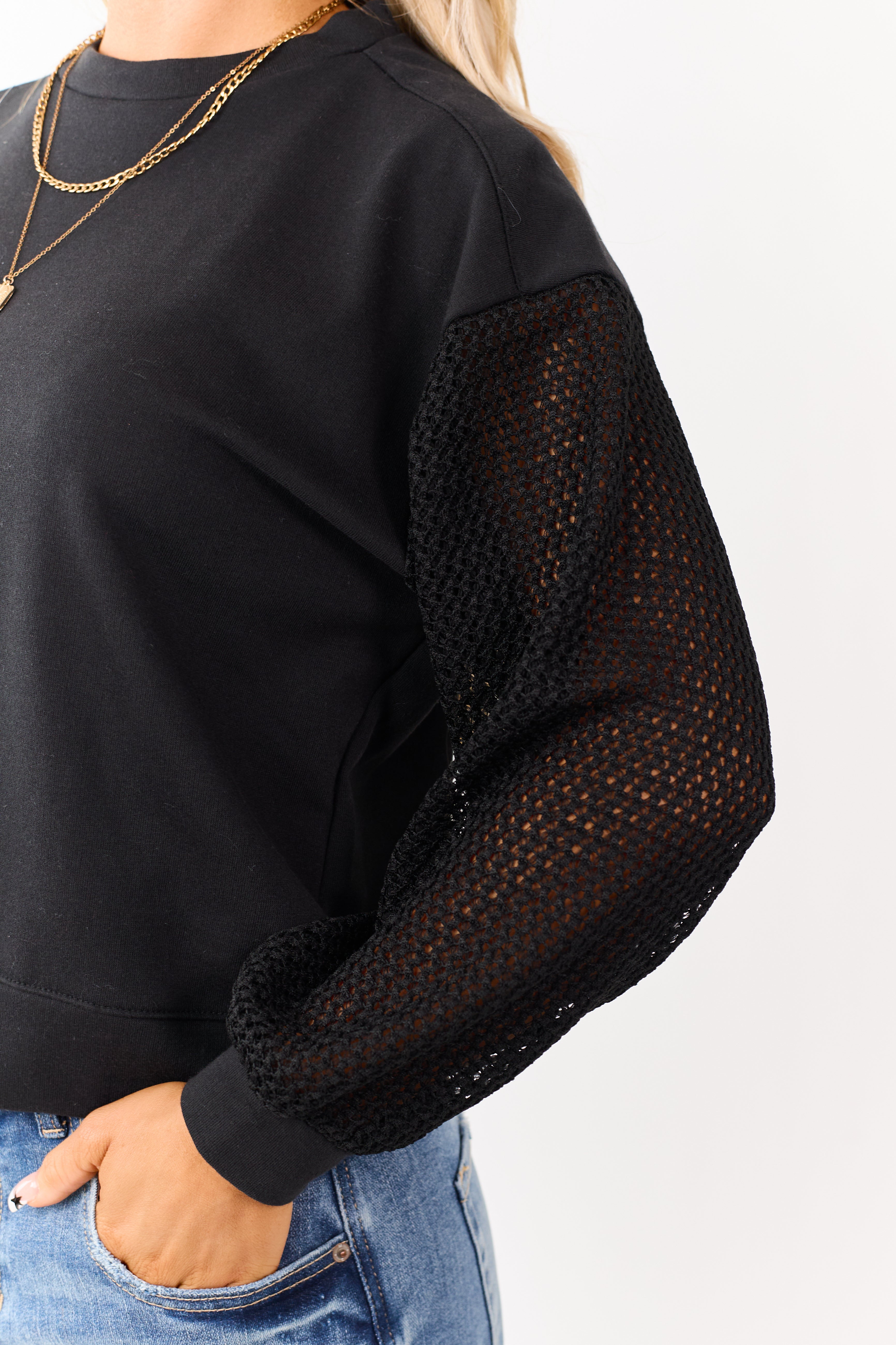 Black Terry Knit Contrast Fishnet Sleeve Sweatshirt