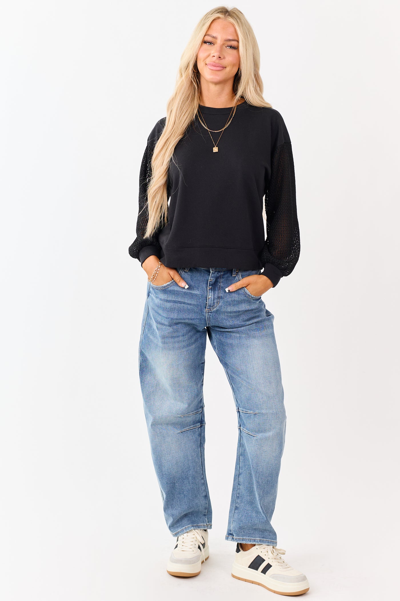 Black Terry Knit Contrast Fishnet Sleeve Sweatshirt