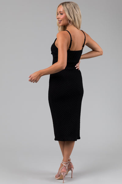 Black Textured Deep Sweetheart Neck Midi Dress