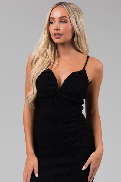 Black Textured Deep Sweetheart Neck Midi Dress