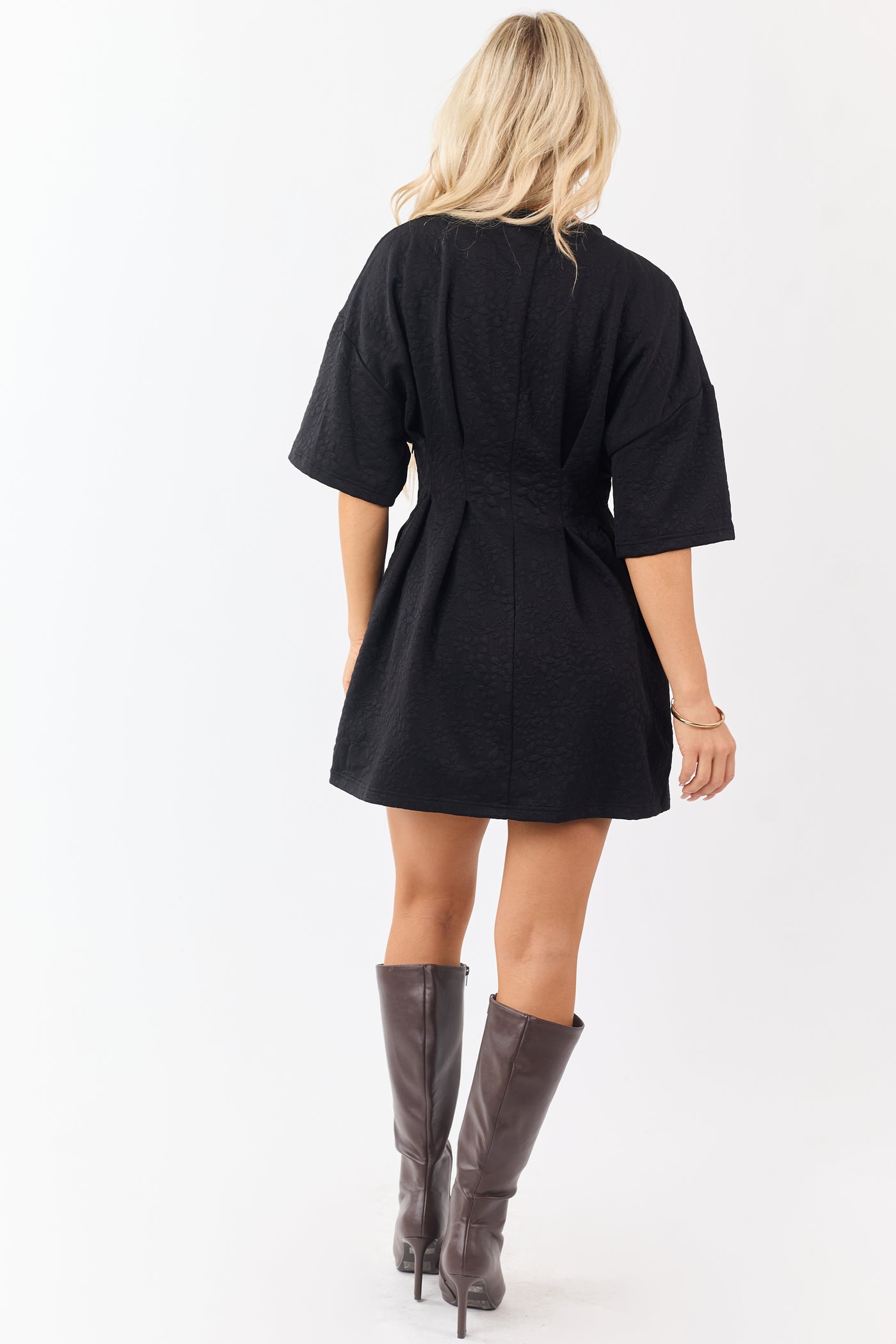 Black Textured Floral Jacquard Pleated Mini Dress