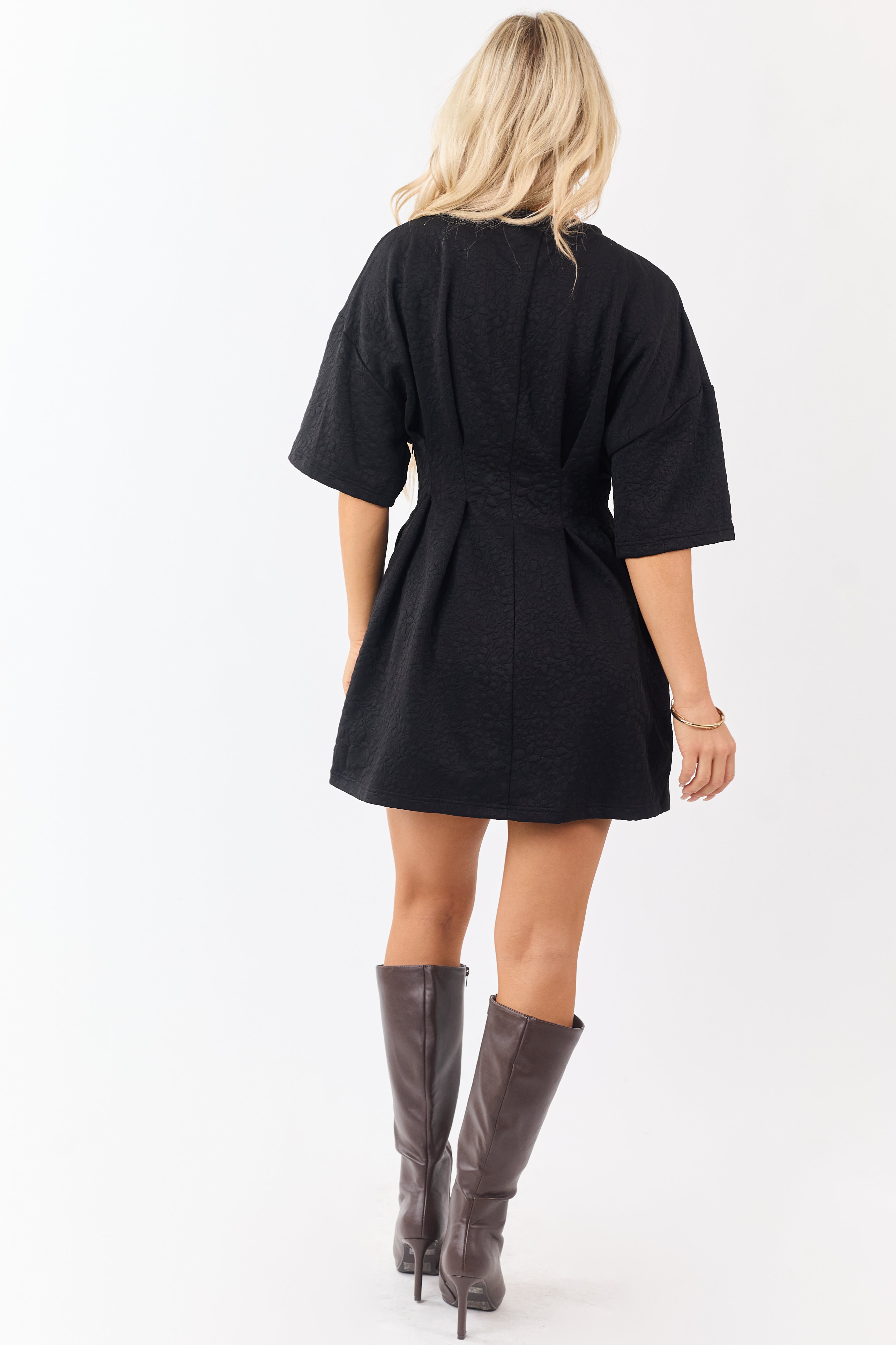 Black Textured Floral Jacquard Pleated Mini Dress