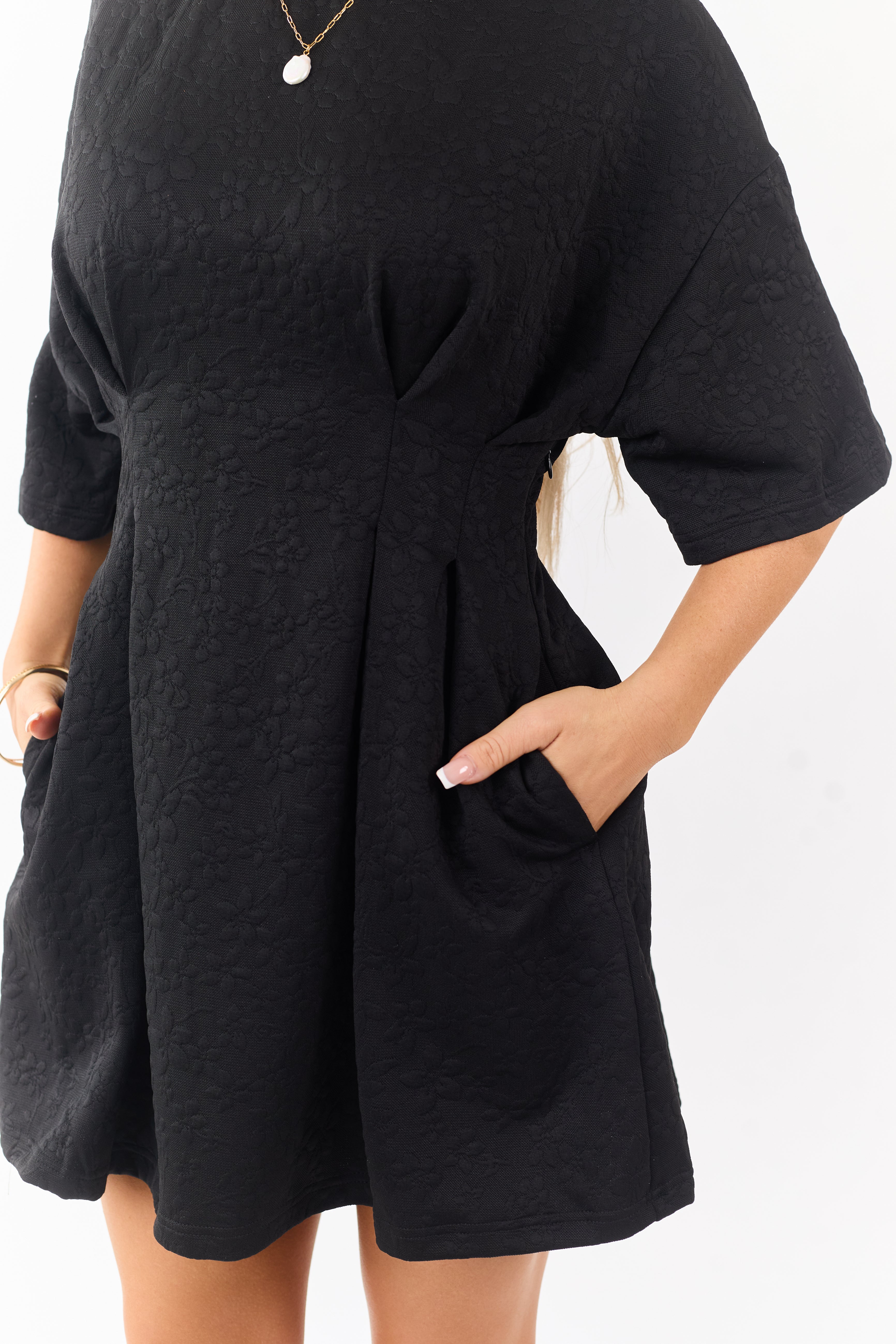 Black Textured Floral Jacquard Pleated Mini Dress