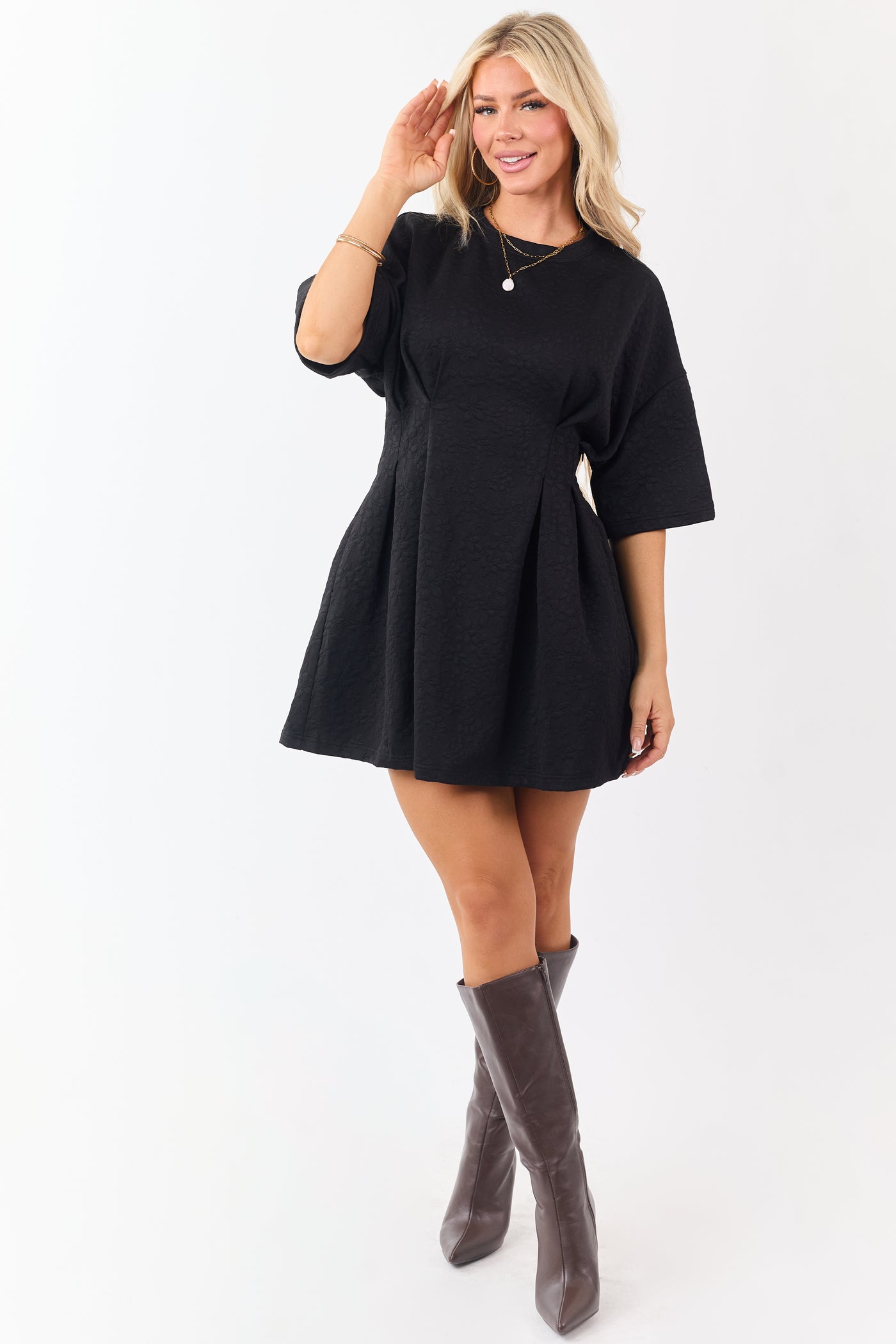 Black Textured Floral Jacquard Pleated Mini Dress