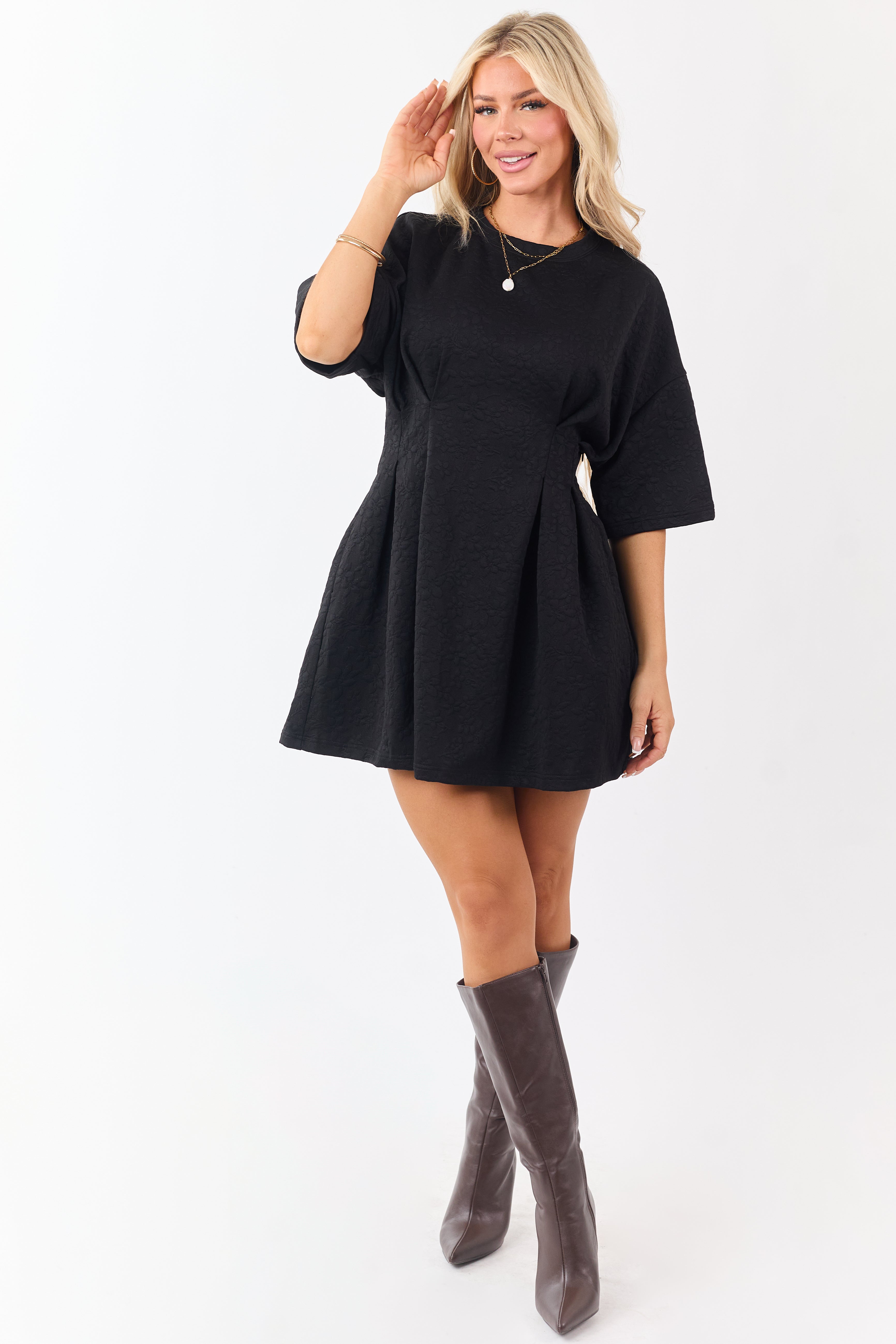 Black Textured Floral Jacquard Pleated Mini Dress