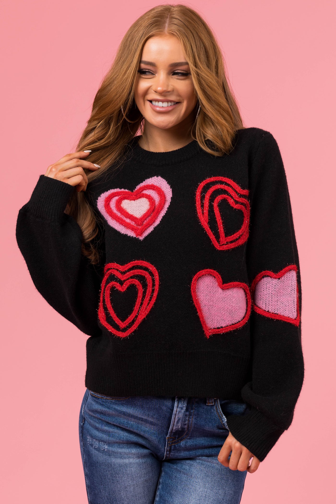 Black Textured Hearts Detail Knit Sweater