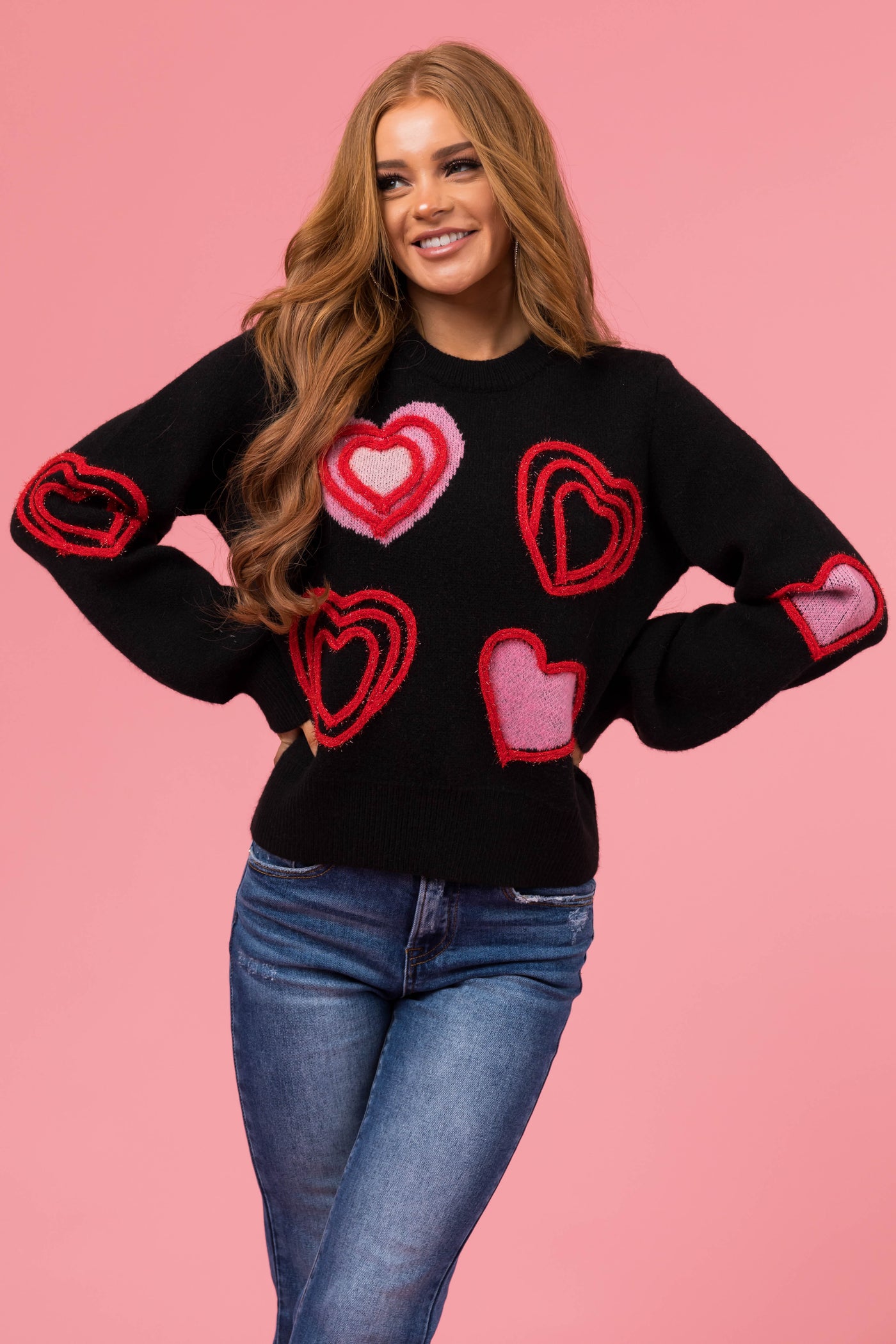 Black Textured Hearts Detail Knit Sweater