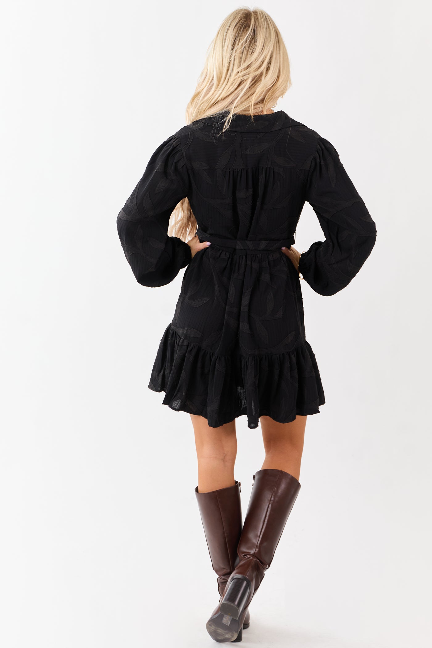 Black Textured Jacquard Leaf Collared Mini Dress