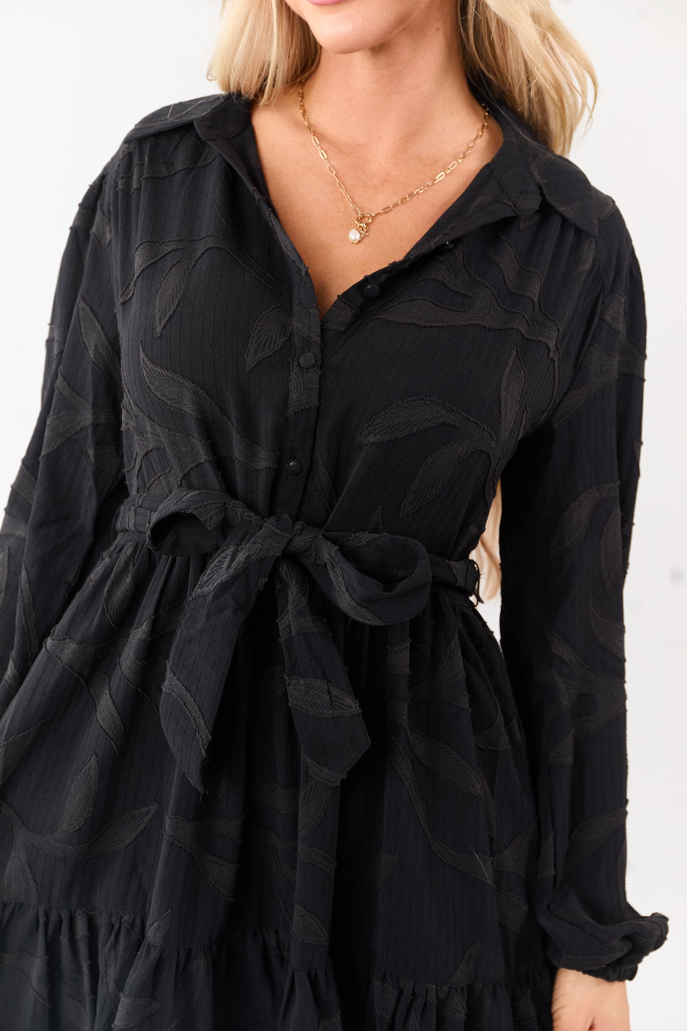 Black Textured Jacquard Leaf Collared Mini Dress