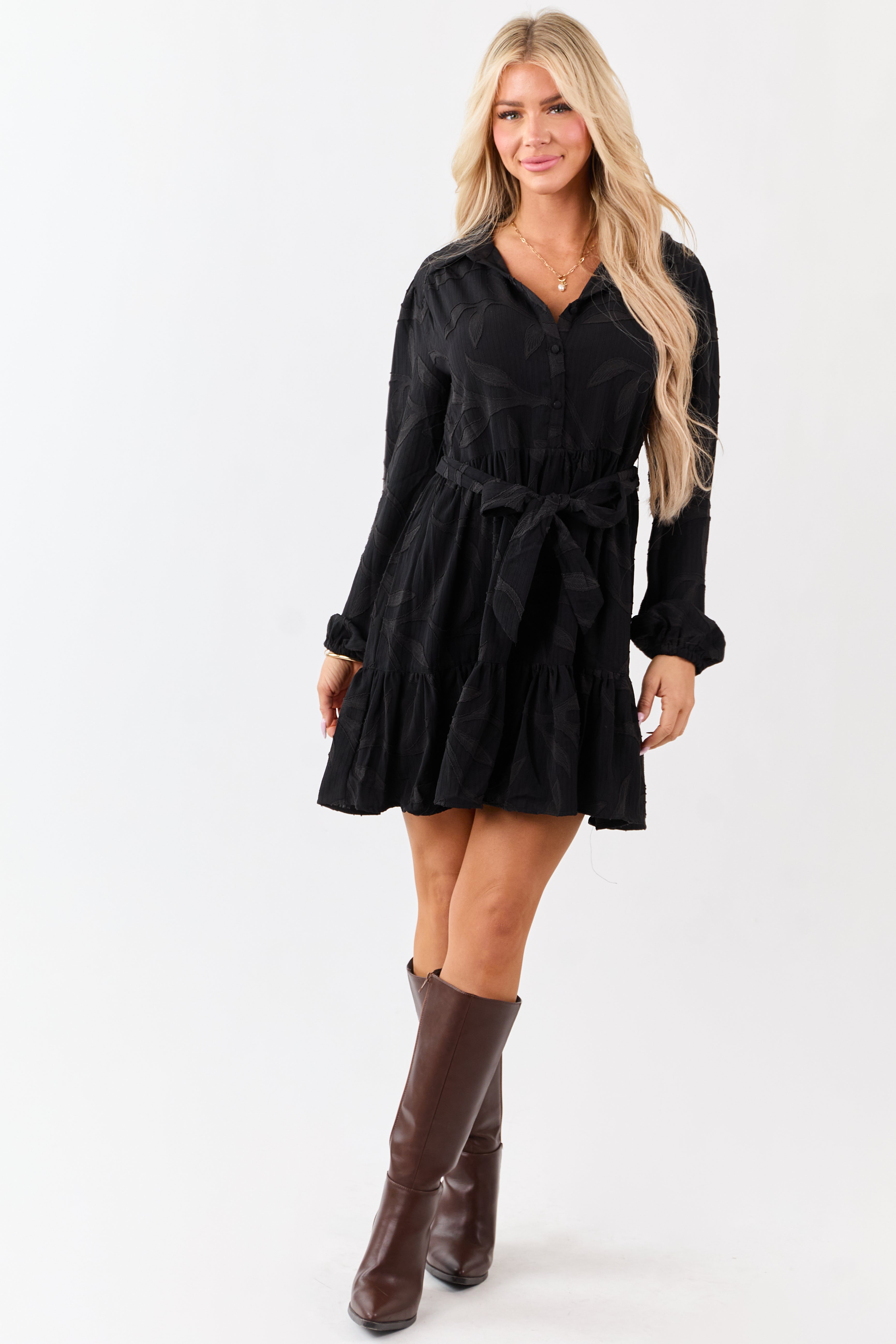 Black Textured Jacquard Leaf Collared Mini Dress